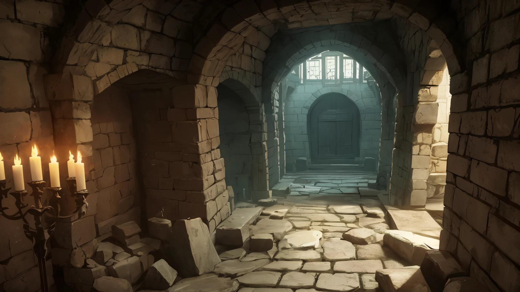 Horrible scary crypt, some torches, Stone walls, old red mat on palu, coffins in the corners, дарк fantasy, narrow walls, corridor, 16K quality, super cool quality, dnd, fantasy, Middle Ages