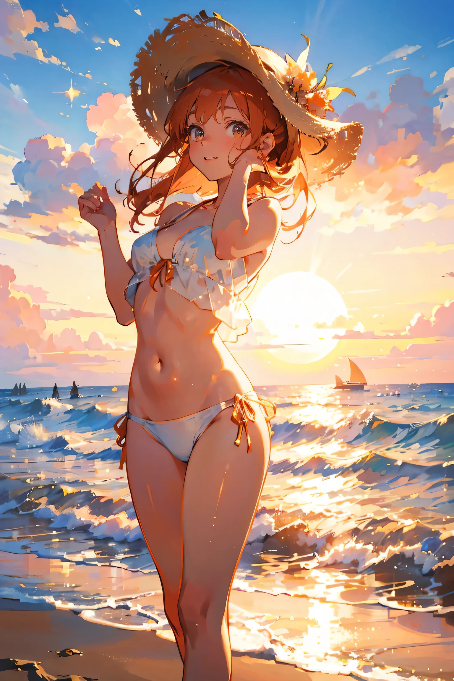oil art,sunset,ginger haired girl on beach,wearing white bikini,straw beach hat, dancing happy in the middle of horizon anime style hd formal, fancy, sparkle, simple background
