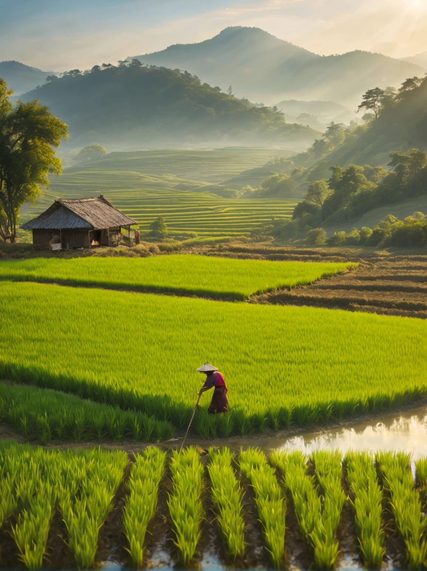 best quality,4k,8k,highres,masterpiece:1.2,ultra-detailed,realistic:1.37,rice paddy,beautiful detailed landscape,vivid colors,sparkling water reflections,lush greenery,sun-kissed fields,hazy mountains,farmland stretching into the distance,gentle breeze stirring the crops,subtle play of light and shadow,detail-rich textures,rustling of leaves in the wind,farmer working in the field,tranquil atmosphere,peaceful countryside,hills rolling in the background,serene and idyllic scenery,harvest time approaching,breathtaking natural beauty,swaying stalks of rice,harmonious composition,thoughtful use of negative space,impressive depth of field,artistic portrayal of agricultural life