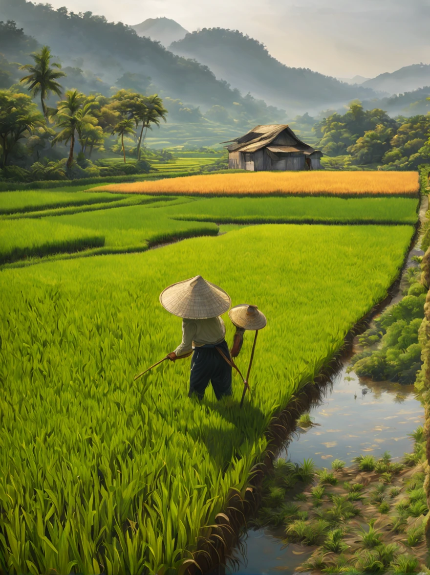 best quality,4k,8k,highres,masterpiece:1.2,ultra-detailed,realistic:1.37,rice paddy,beautiful detailed landscape,vivid colors,sparkling water reflections,lush greenery,sun-kissed fields,hazy mountains,farmland stretching into the distance,gentle breeze stirring the crops,subtle play of light and shadow,detail-rich textures,rustling of leaves in the wind,farmer working in the field,tranquil atmosphere,peaceful countryside,hills rolling in the background,serene and idyllic scenery,harvest time approaching,breathtaking natural beauty,swaying stalks of rice,harmonious composition,thoughtful use of negative space,impressive depth of field,artistic portrayal of agricultural life