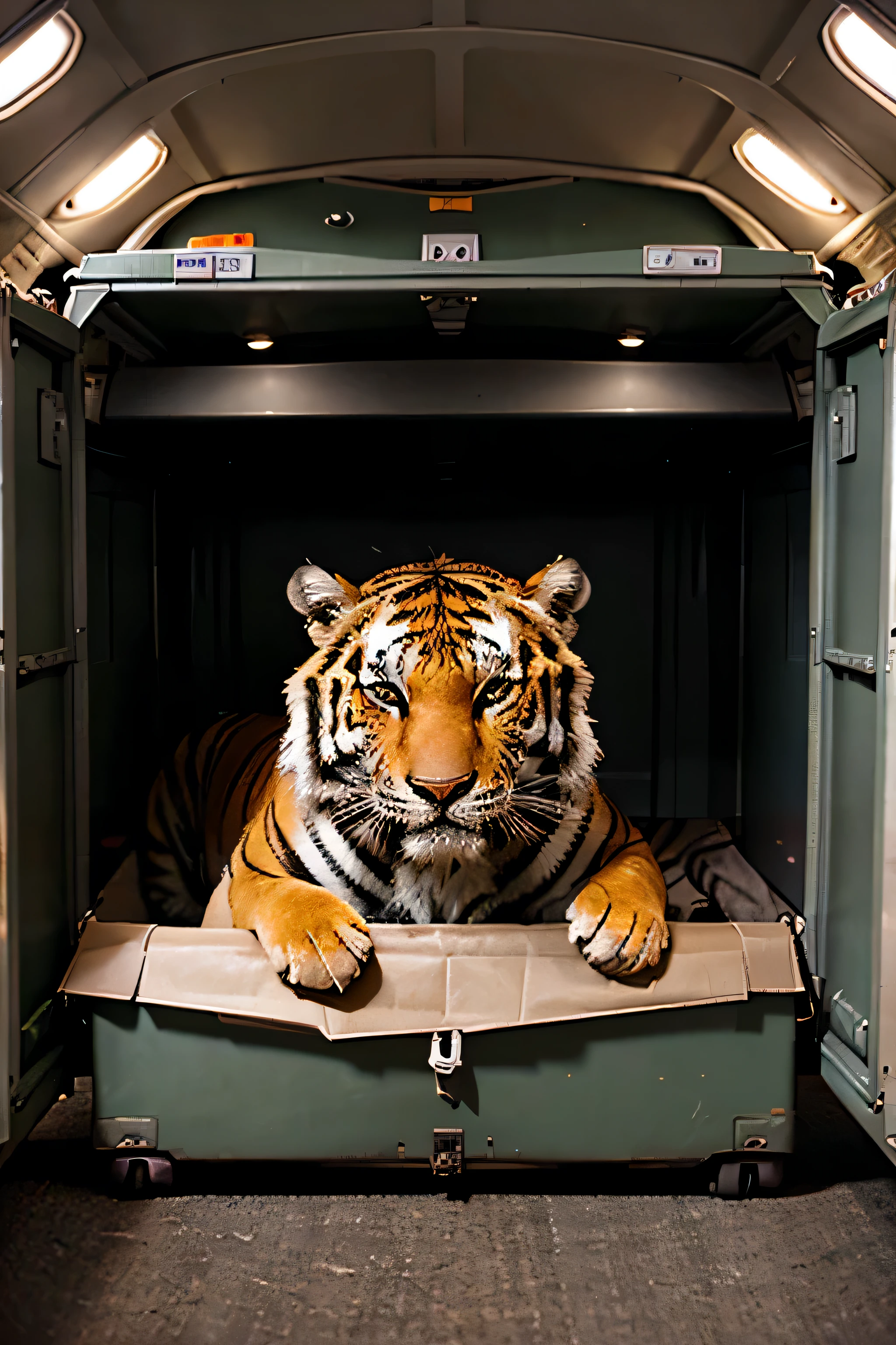 Tiger in cargo compartment in the plane, Tiger, cargo, aviation, HD quality