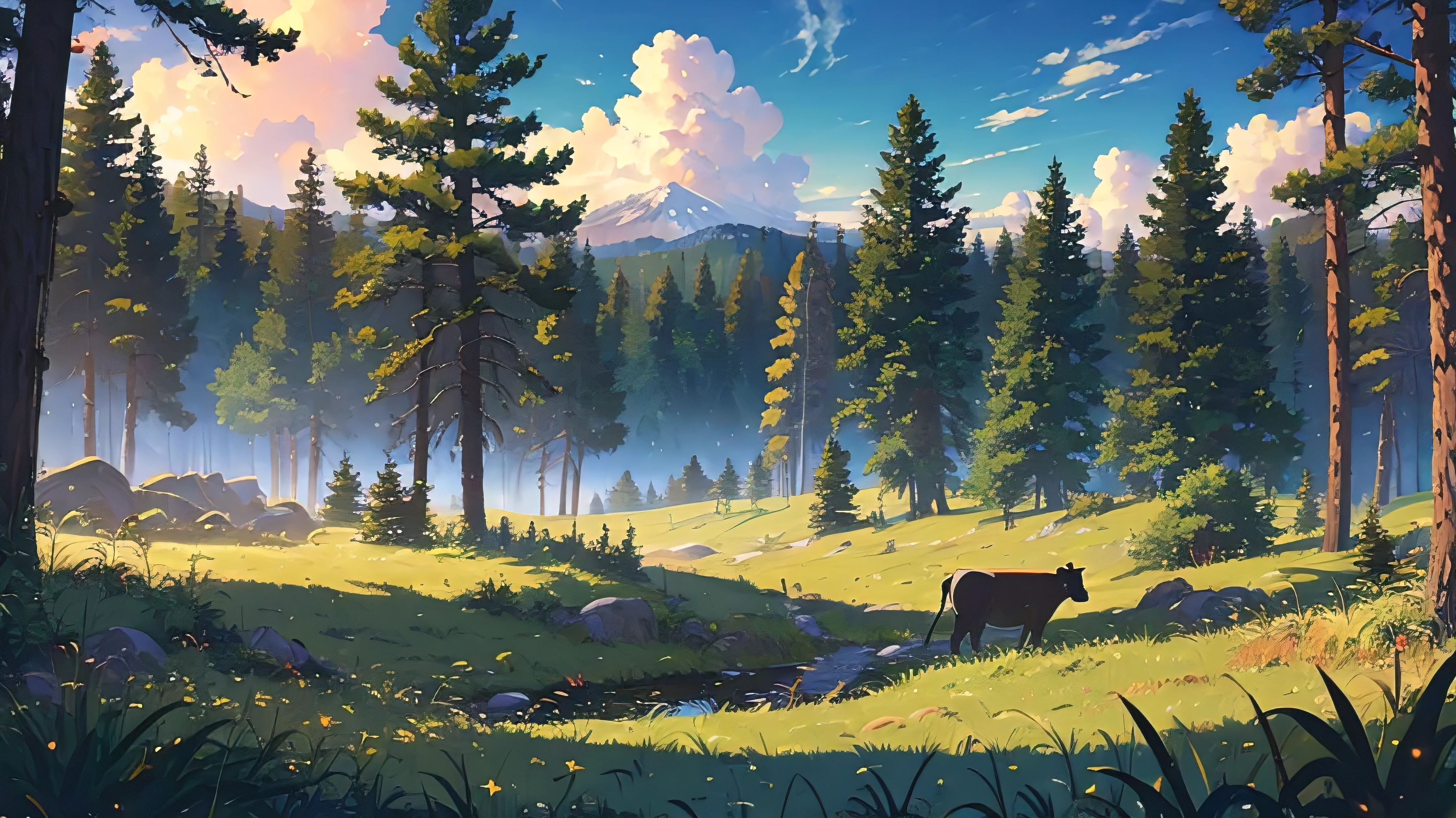 cow,
BREAK (masterpiece, best quality:1.2), outdoors, nature, forest, pines, grass, tall grass, detailed grass, plants, day, clouds,