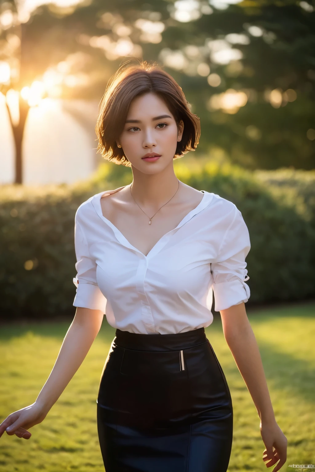 ((top-quality、8K、​masterpiece: 1.erfect Body Beauty: 1.4、Slender Abs: 1.2、Beautiful woman with slender abs:1.3、(Highlight Haircutreast B Cup:1.2), medium breast, round shape breast, perfect shape breast, ((black pencil skirt and loose white shirt )), ((())), (((black strap))),  necklace, hyperdetailed face、18year old、 Pretty women、(Dark brown short-cut hair), Slim Face、Highly detailed facial and skin texture、very detailed lips、opens legs、top-quality、​masterpiece、超A high resolution、(Photorealsitic:1.4), walked forward confidently, long shot , (in park with blur background), bright background, sunset light,