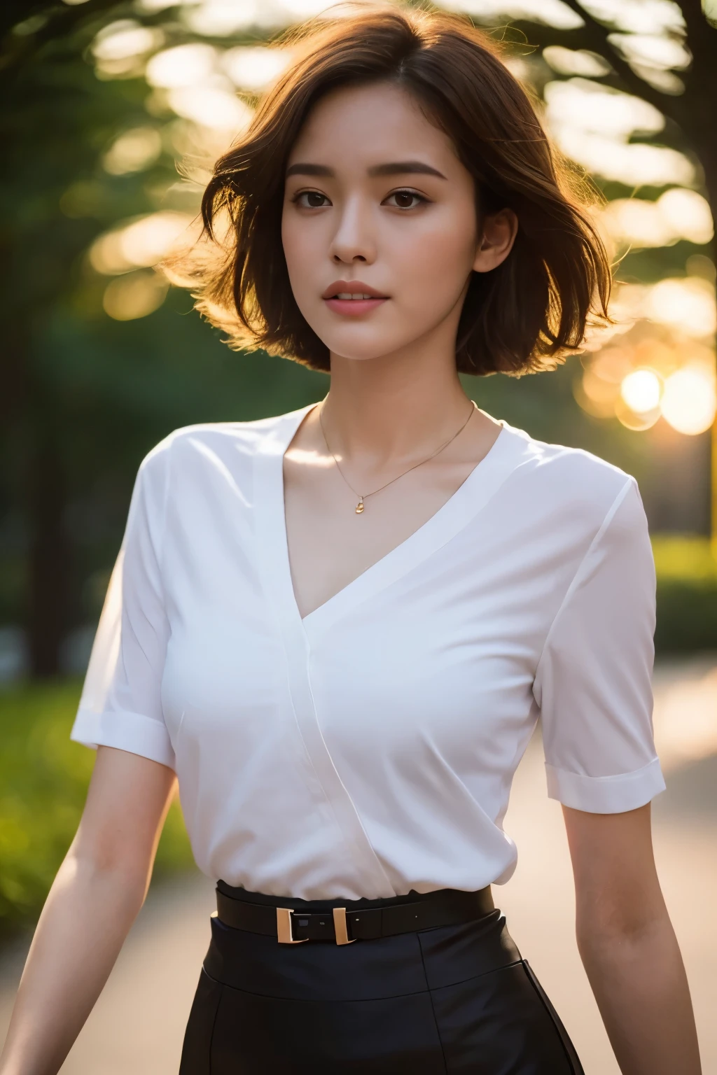 ((top-quality、8K、masterpiece: 1.erfect Body Beauty: 1.4、Slender Abs: 1.2、Beautiful woman with slender abs:1.3、(Highlight Haircutreast B Cup:1.2), medium breast, round shape breast, perfect shape breast, ((black pencil skirt and loose white shirt )), ((())), (((black strap))), necklace, hyperdetailed face、18year old、 Pretty women、(Dark brown short-cut hair), Slim Face、Highly detailed facial and skin texture、very detailed lips、opens legs、top-quality、masterpiece、超A high resolution、(Photorealsitic:1.4), walked forward confidently, long shot , (in park with blur background), bright background, sunset light,