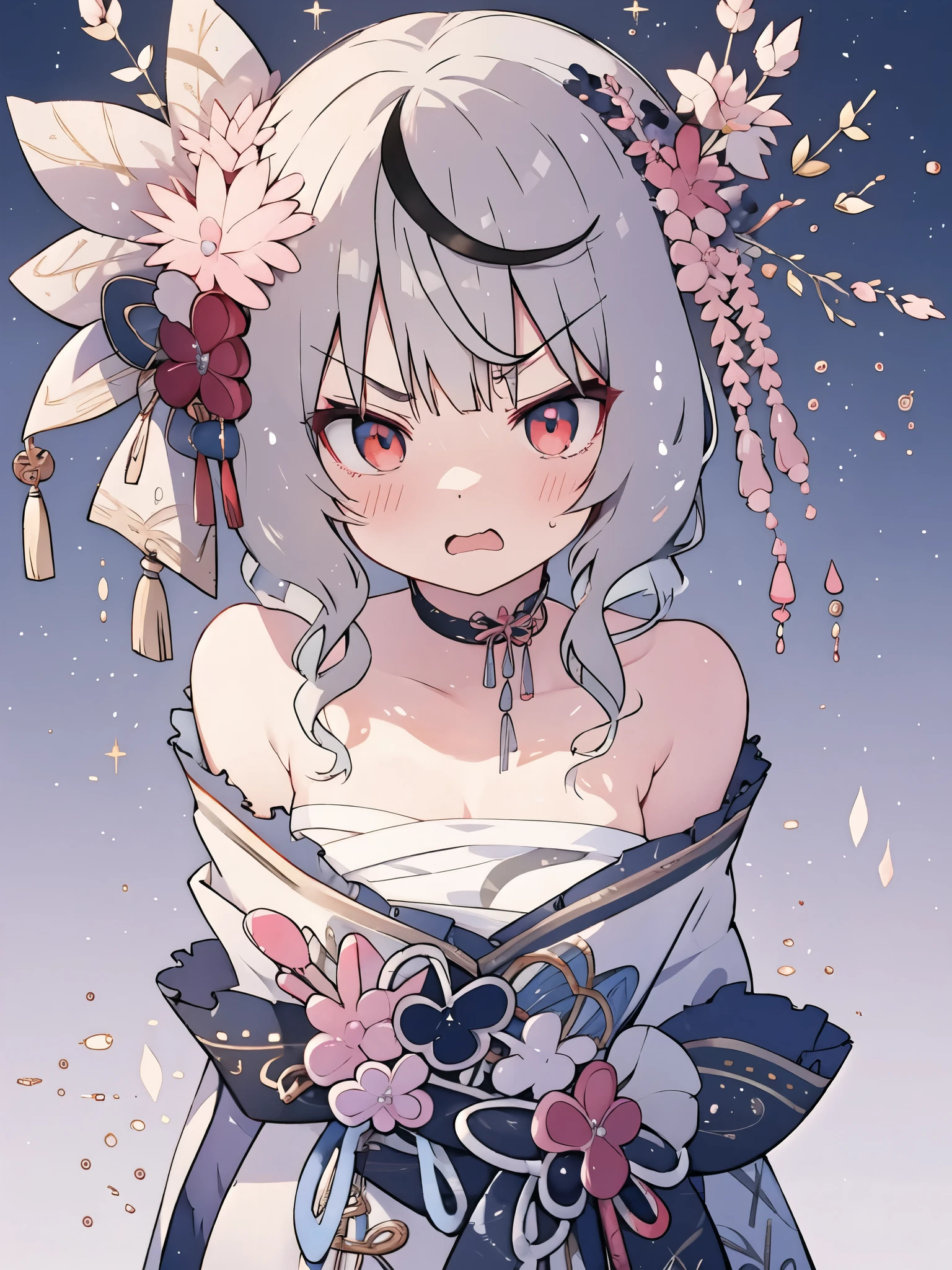 Sakamata Chloe, ho****ve, silver hair, red eyes, blush , ((angry face)), beautiful eyes, detailed eyes, 4k, masterpiece, upper body, colorful, cute face, cute expression,