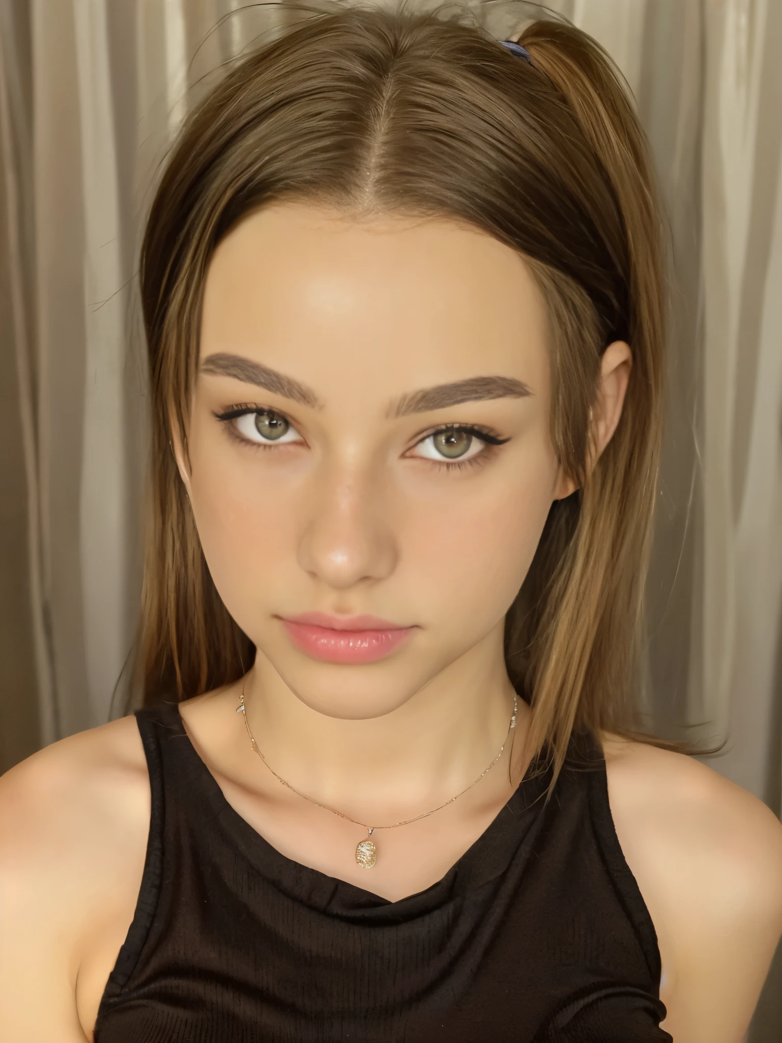 1girl 13 year old, solo, full body, short hair, ponytails hair, unbuttoned blouse, showing very small breasts, looking at viewer, blonde hair, brown eyes, jewelry, full body, mini skirt, necklace, lips, realistic, nose, flirting with camera