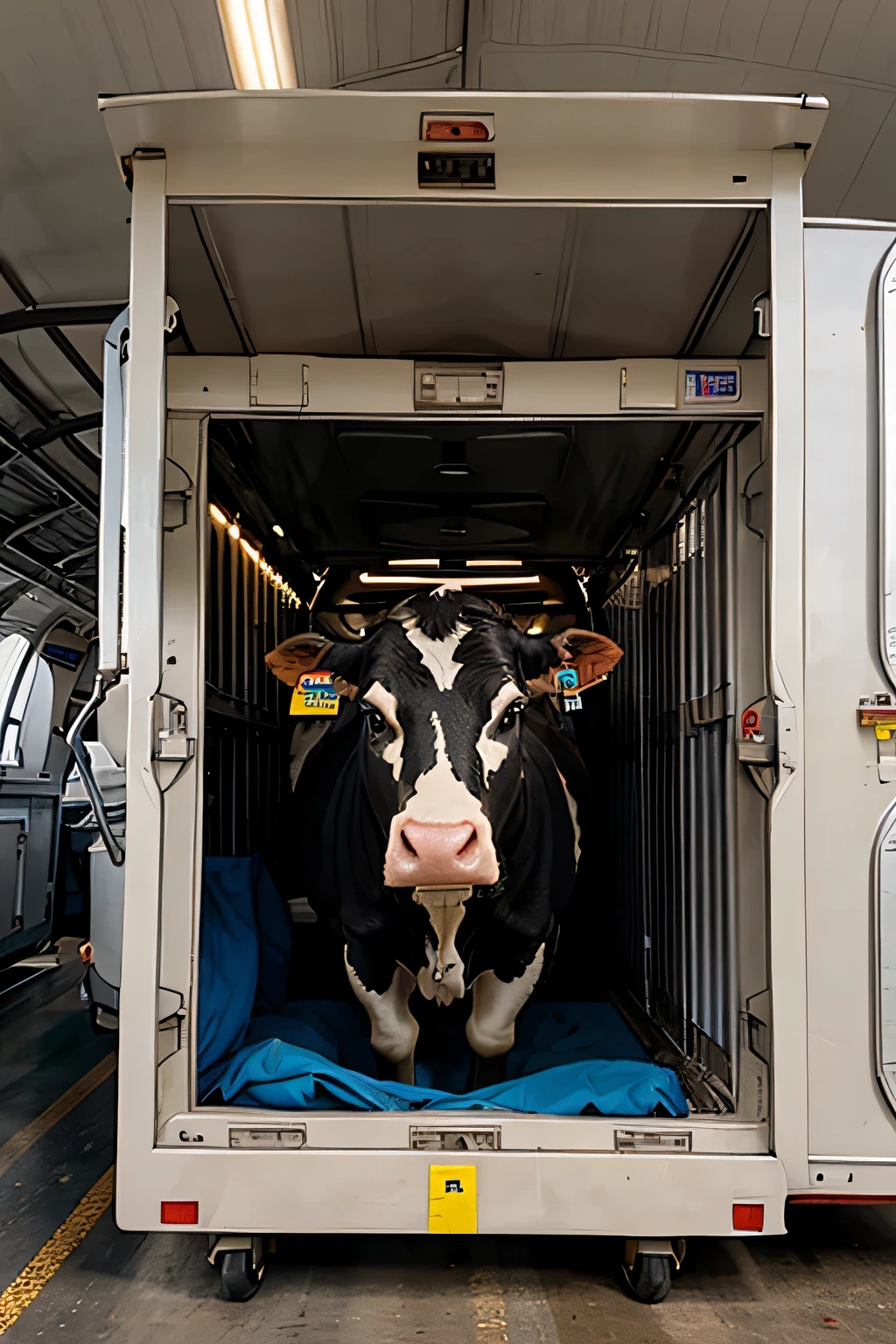 cow in cargo compartment in the plane, cow, cargo, aviation