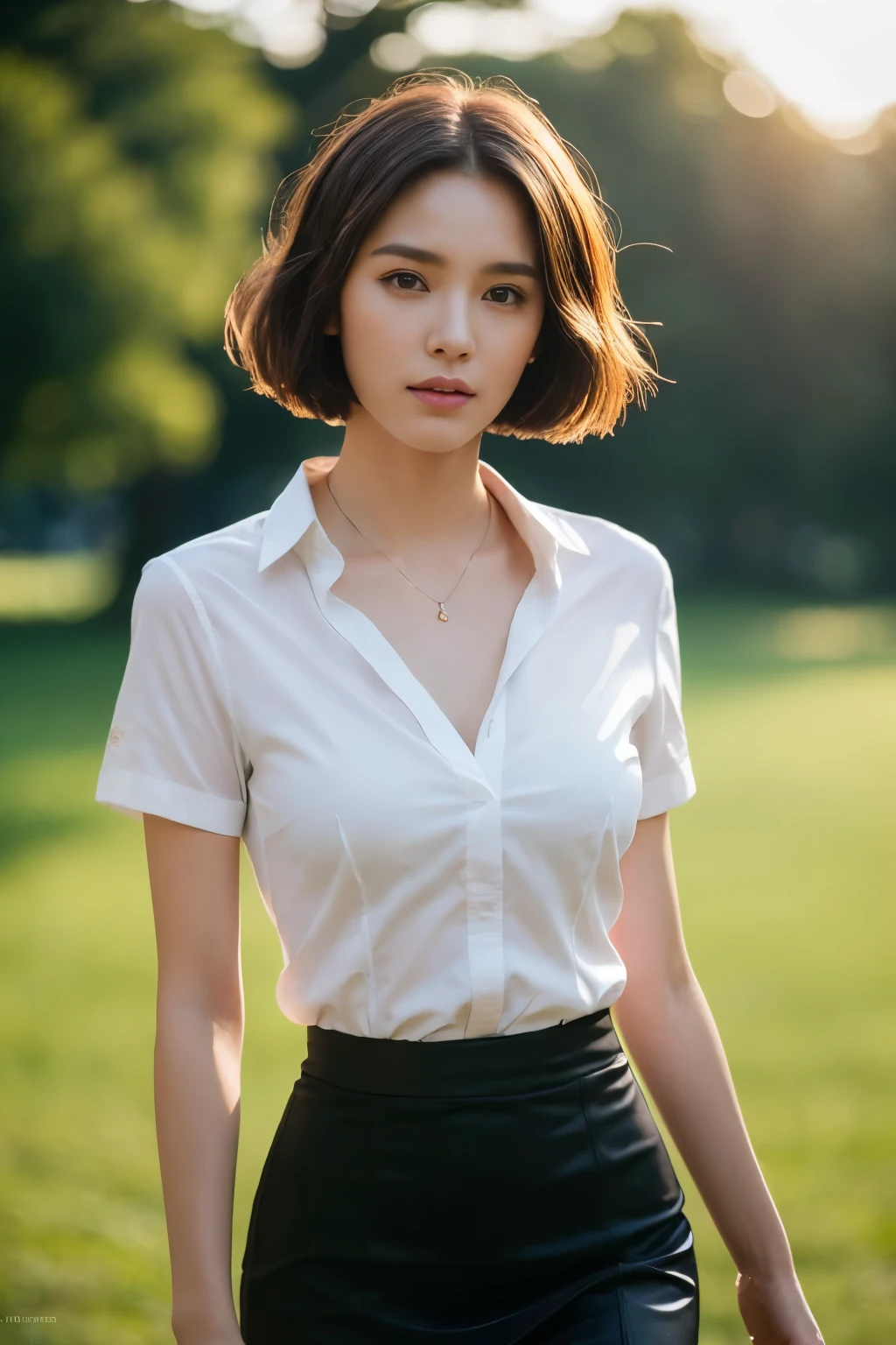 ((top-quality、8K、​masterpiece: 1.erfect Body Beauty: 1.4、Slender Abs: 1.2、Beautiful woman with slender abs:1.3、(Highlight Haircutreast B Cup:1.2), medium breast, round shape breast, perfect shape breast, ((black pencil skirt and loose white shirt )), ((())), (((black strap))),  necklace, hyperdetailed face、18year old、 Pretty women、(Dark brown short-cut hair), Slim Face、Highly detailed facial and skin texture、very detailed lips、opens legs、top-quality、​masterpiece、超A high resolution、(Photorealsitic:1.4), walked forward confidently, long shot , (in park with blur background), bright background, sunset light,