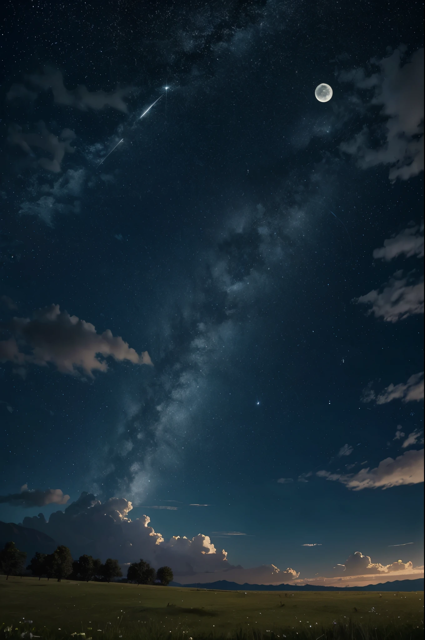 Grass background, moon in the sky ,wide range, peaceful view, stars and shining meteor , circle moon