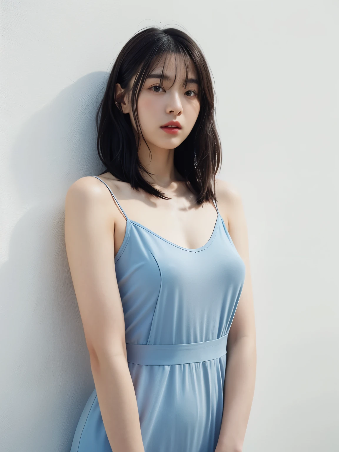 See-through tops、Big Breasts、camisole、(White wall as background、Some of her hair is sky blue:1.4)、White wall、Taken in front of a white door、(A room with a white wall and a window)、((highest quality、8k、masterpiece:1.3))、Ultra-high resolution、(photoGenuineistic:1.4)、RAW Photos、Japanese,(Detailed aspect)、Genuine、Photographed in natural light、Highly detailed face and skin texture、Highly detailed lips、The correct state of the human body、Medium Hair、Black Hair、Various poses、Natural color lip