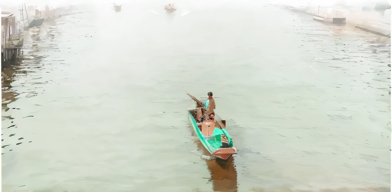 an oil painting of a boat in the river with some people