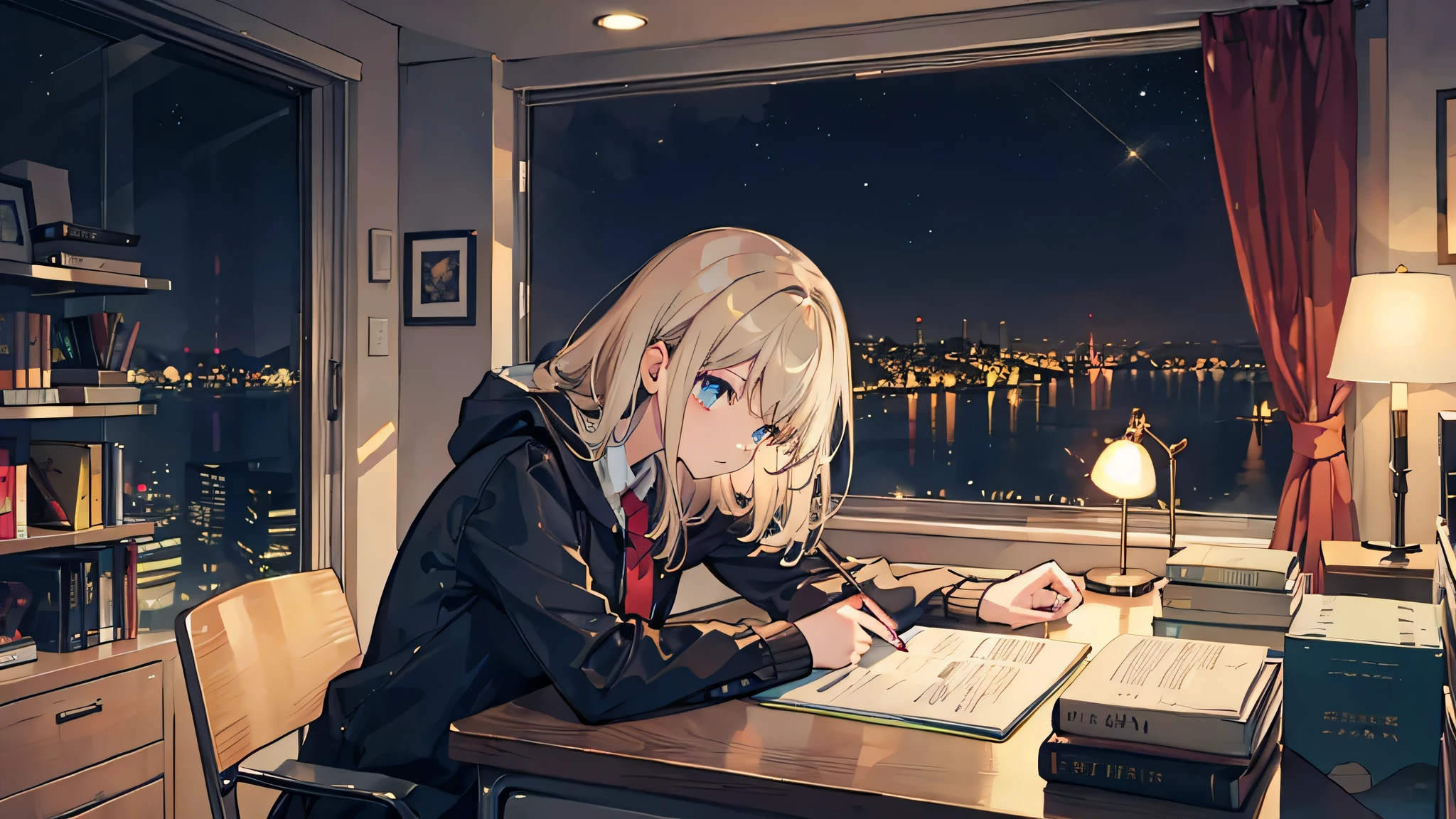 Beautiful woman Studying Focused face on desk inside in room by night murky Starry sky view Test Preparation