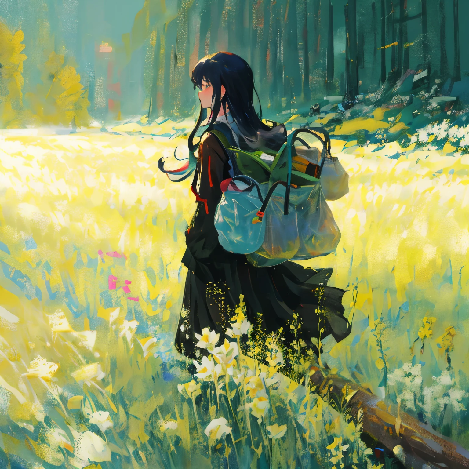 Painting of a woman walking through a field of flowers, inspired 通过Vadim Kashin, 通过Vadim Kashin, painting illustration, girl walking in flower field, author:Yang Jie, Vadim Kashin. Surreal, author:Andrew Law, Gurwitz Masterpiece, by Zou Zhe, guweiz style artwork