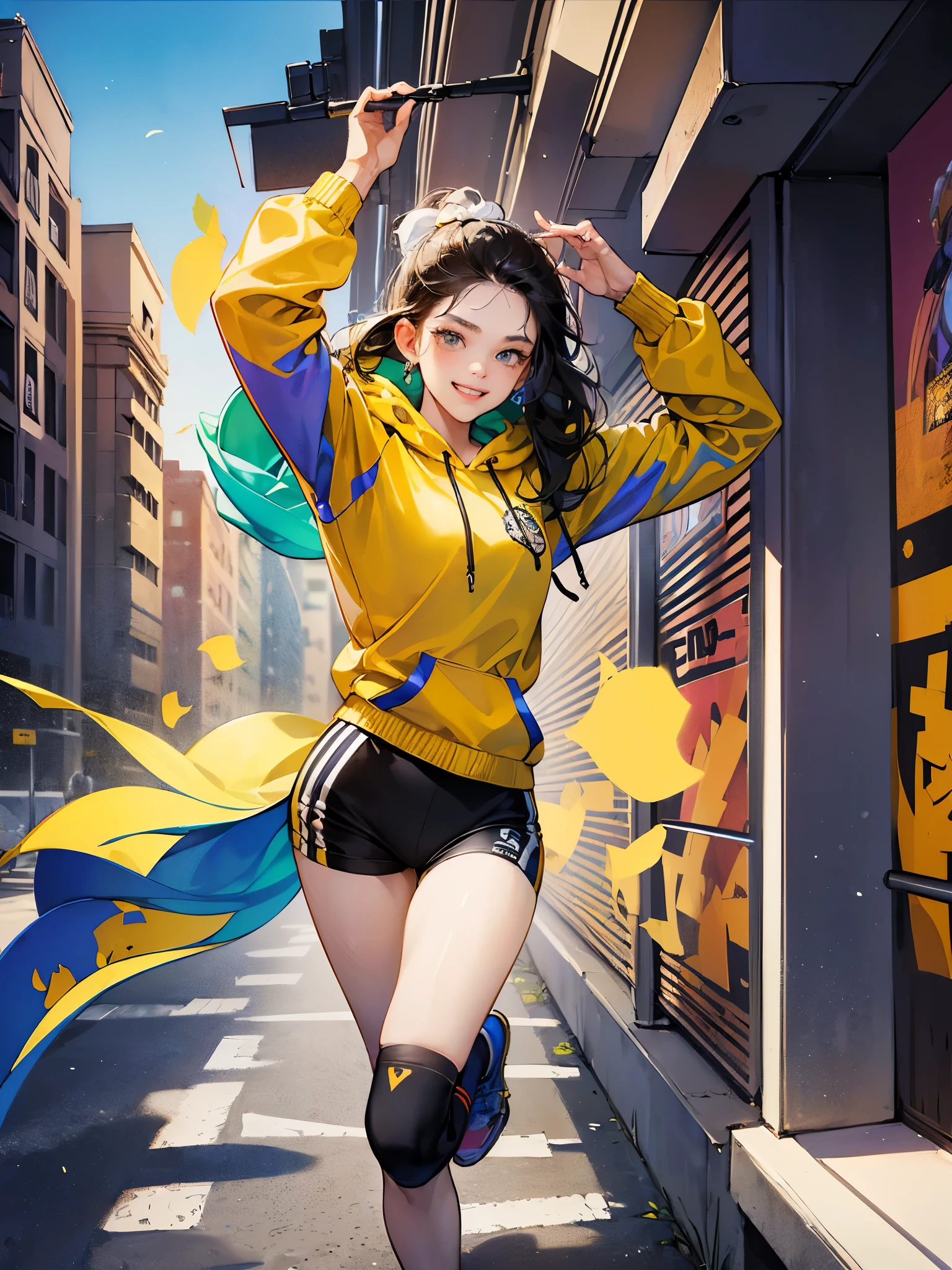((highest quality)),(ultra high resolution),(Super detailed),(detailed description),((best CG)),(best work of art),super precision art,amazing drawing art,(Fashion art with precise details:1.5), (Girl in her late teens:1.8),(well-proportioned face:1.7),(A big smile:1.5),((colorful open hoodie:1.5)),(crop training wear:1.5), She's jumping with her hands up on a sunny street corner。