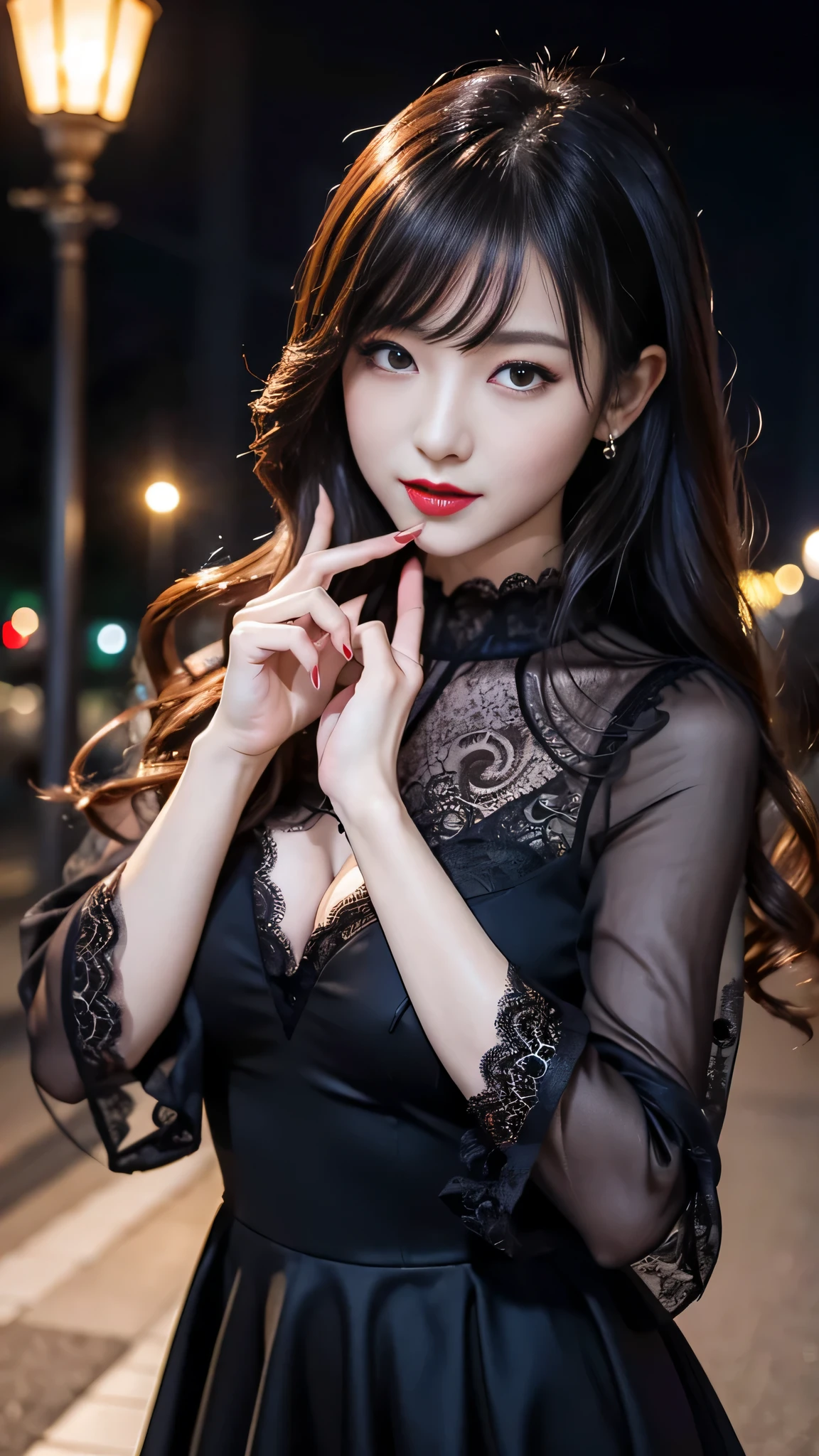 Super detailed、Japanese、charming beauty、seductive adult woman、Beautiful woman、sharp eyes、cool girl、wavy hair、suit、Black chiffon、lace fabric、wide sleeve、wearing a lace insert dress、white blouse、Tight Skirt、Lustrous legs、evilの幹部、evil depravity、brainwashing、Mind control、lipstick、grin、evilな表情、evil、empty eyes、evil、church at night、vampire、evil woman、vampire、lure、meanwhile、look down、put your index finger to your mouth