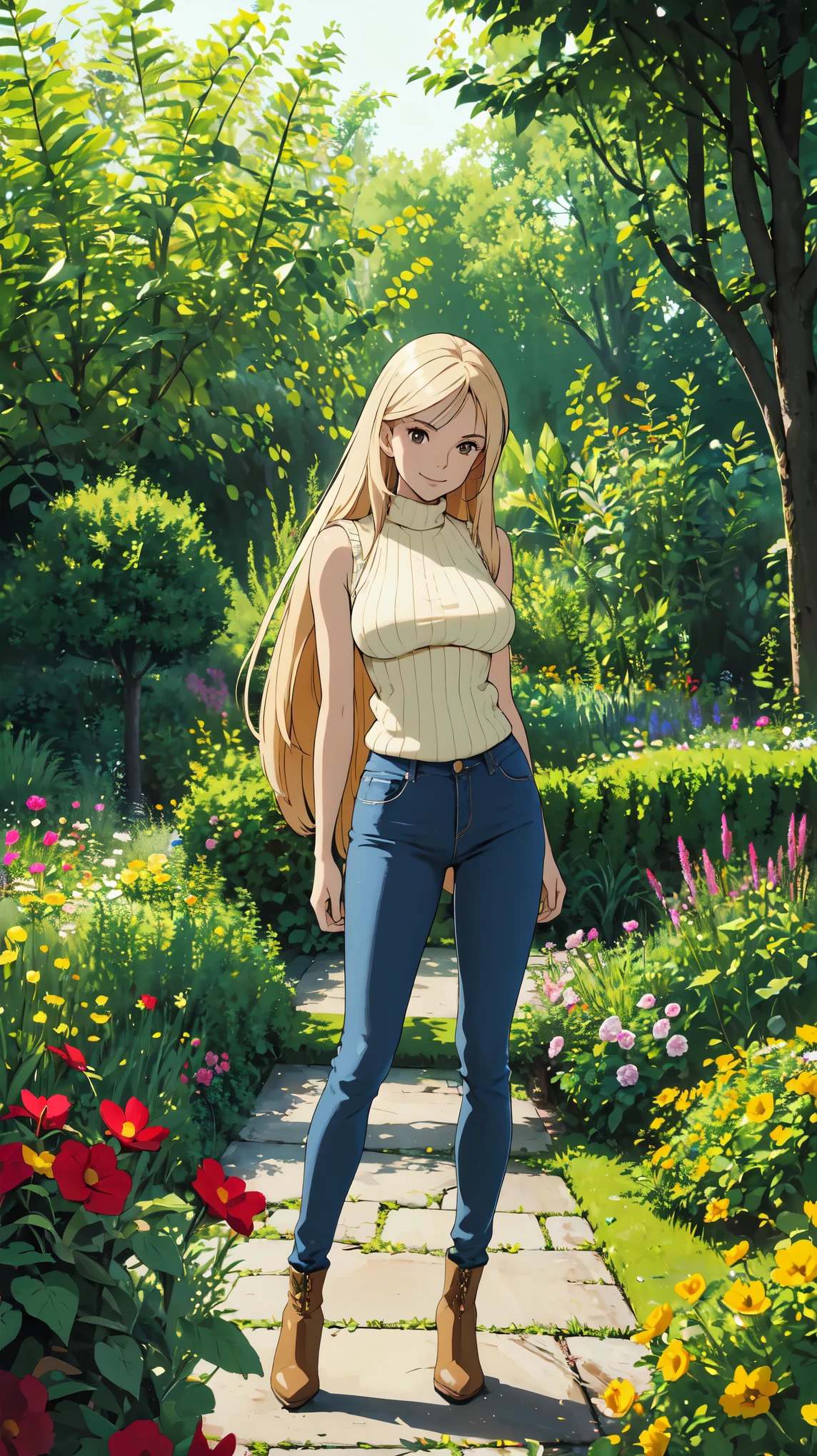 masterpiece, best quality,sharpness,absurdres ,1girl,blonde long hair,straight hair,brown eyes, looking at viewer, smile,very large breasts,standing in a garden,(arms behind back:1.2),sexy knitted sweater,skinny jeans