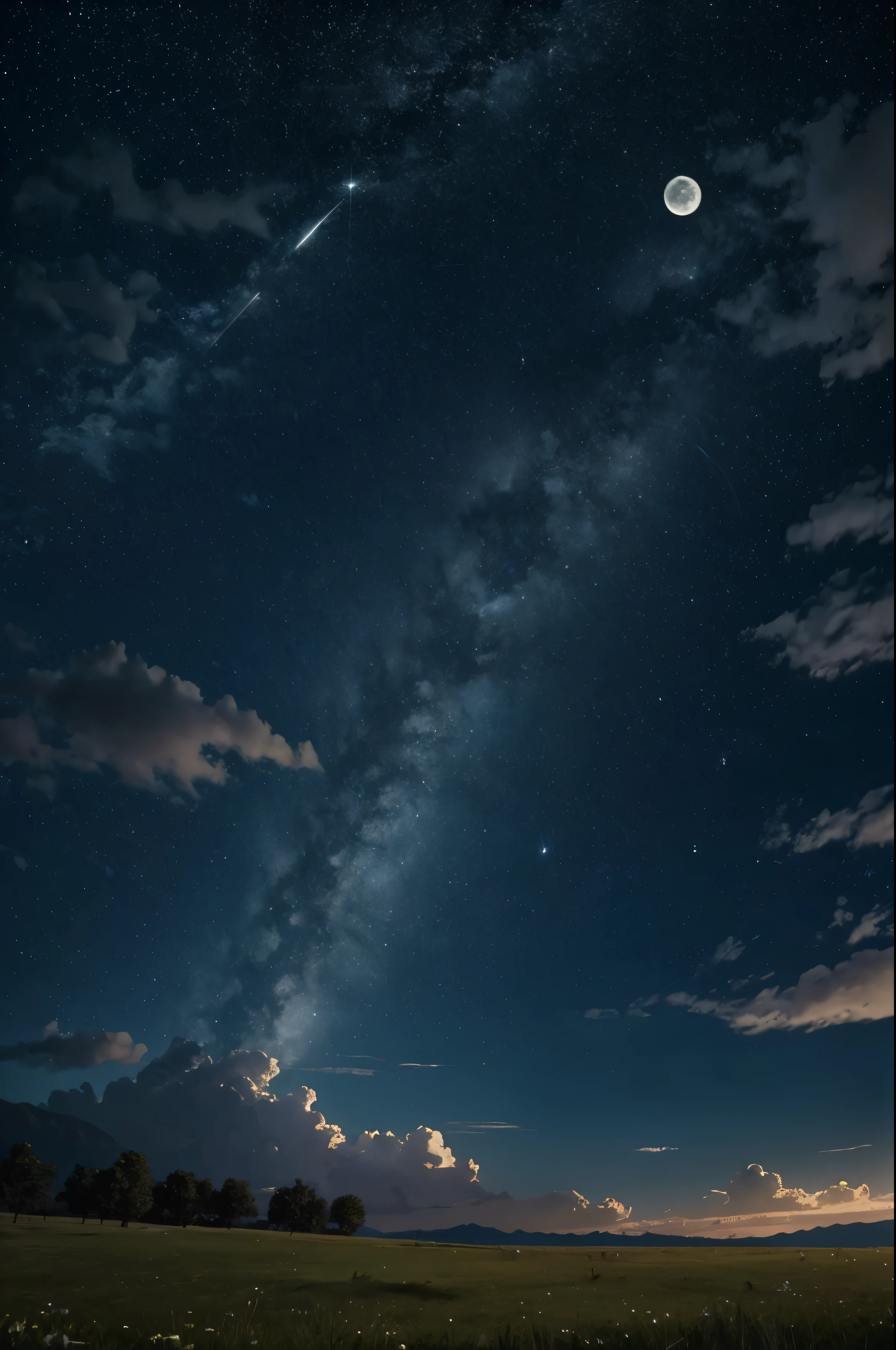 Grass background, moon in the sky ,wide range, peaceful view, stars and shining meteor , circle moon