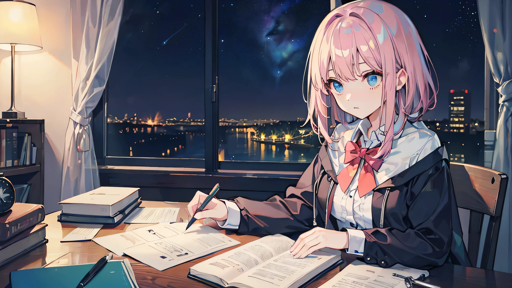 Beautiful woman　Studying　Focused face　on desk　inside in room　by night　murky　Starry sky view　Test Preparation　desk light is on　writing in a notebook