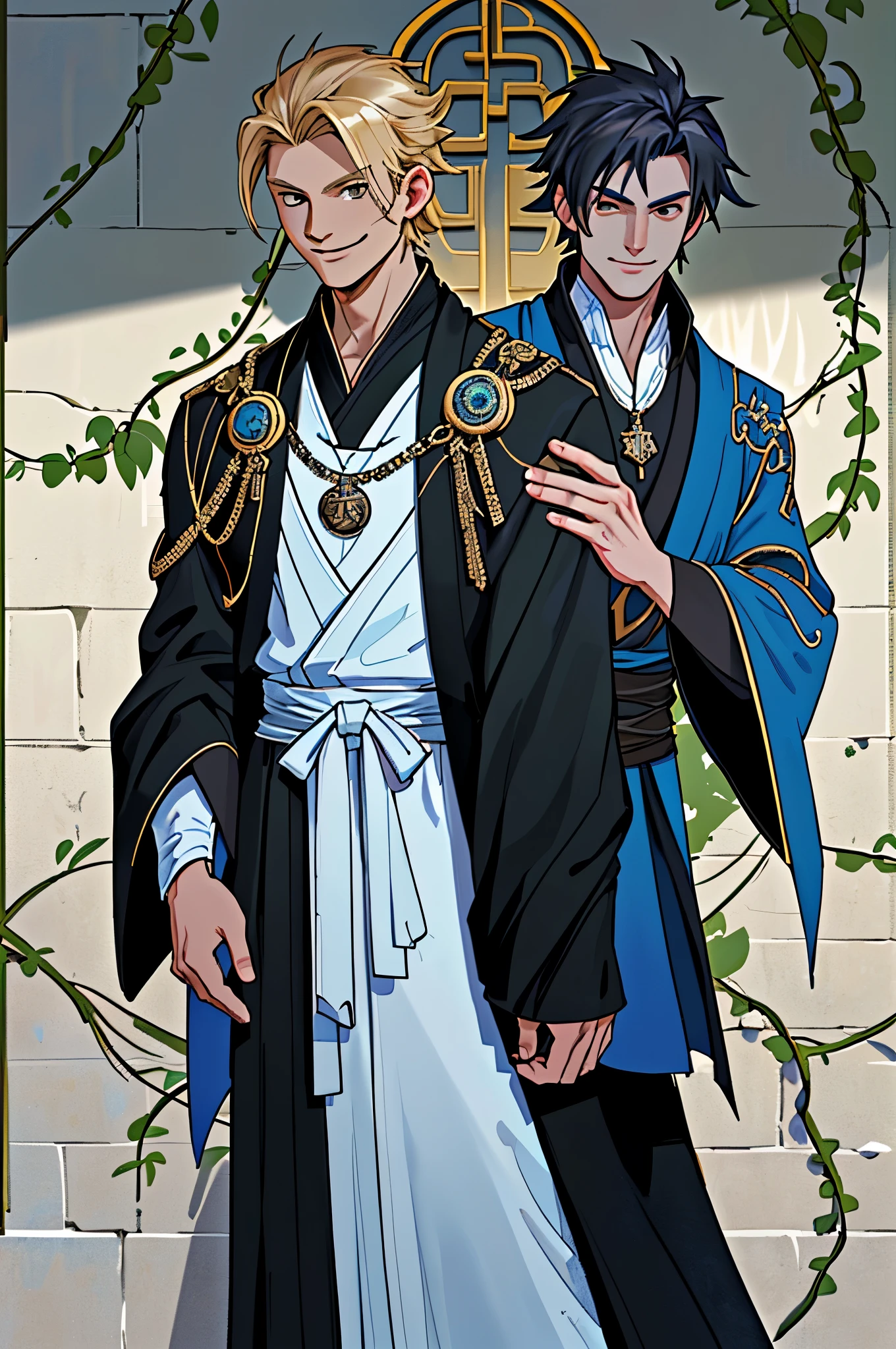 two, Guy 1 (blond, Black eyes, smile, imperial robe, expensive clothing, black robe, Blue sleeves, on the chest there is a medallion with a blue stone), guy 2 (brown-haired, Blue mantle, white clothes, blue clothes, There is a medallion with a black stone on the chest), with the castle hall in the background, burning vines on the walls