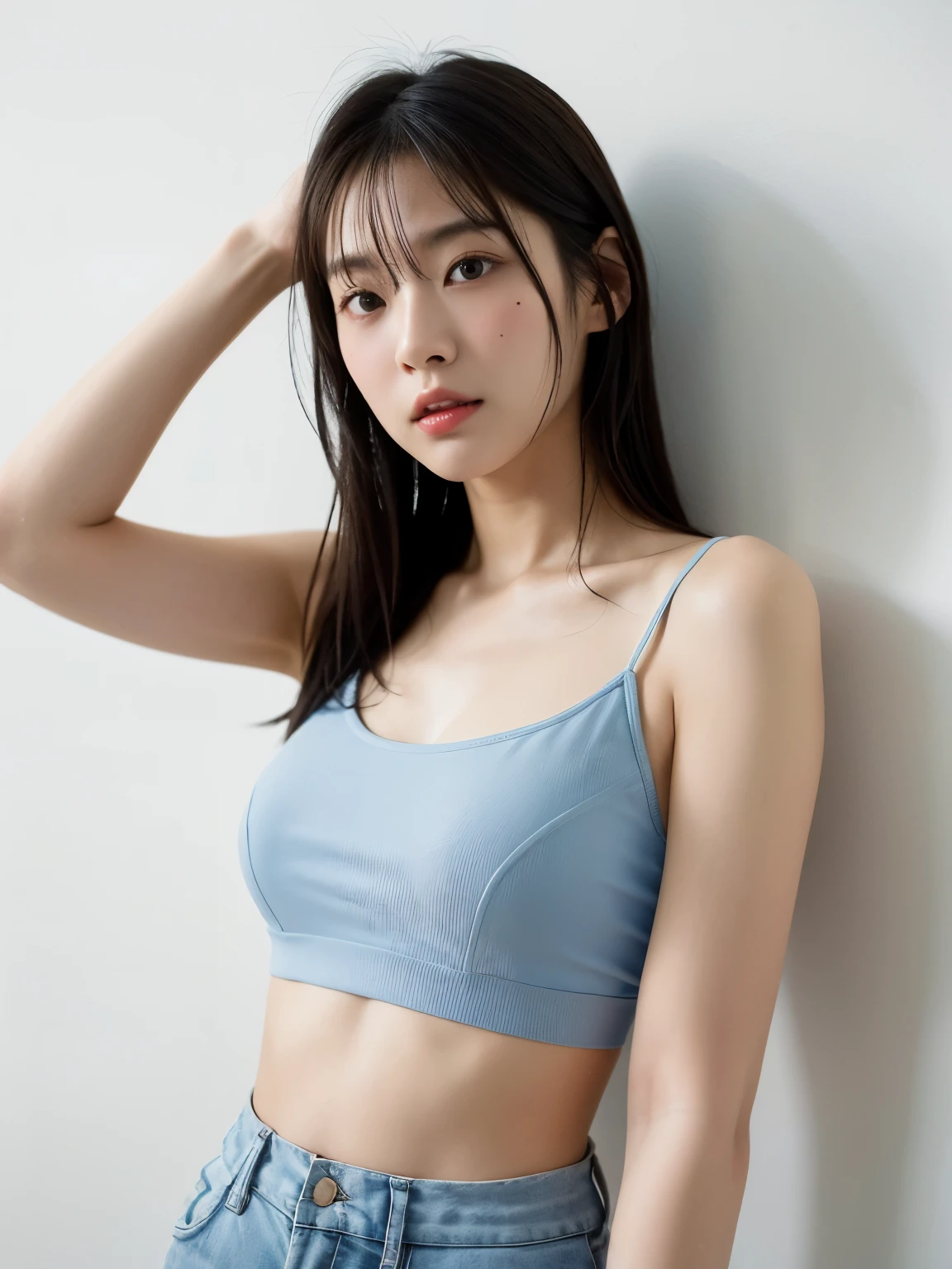 see-through tops、big breasts、camisole、(背景にwhite wall、Part of her hair is sky blue:1.4)、white wall、Taken in front of the white door、(窓のあるwhite wallの部屋)、((highest quality、8k、masterpiece:1.3))、ultra high resolution、(photogenuineistic:1.4)、RAW photo、Japanese,(face)、genuine、Photographed in natural light、Highly detailed face and skin texture、highly detailed lips、correct state of the human body、medium hair、black hair、various poses、natural color lip