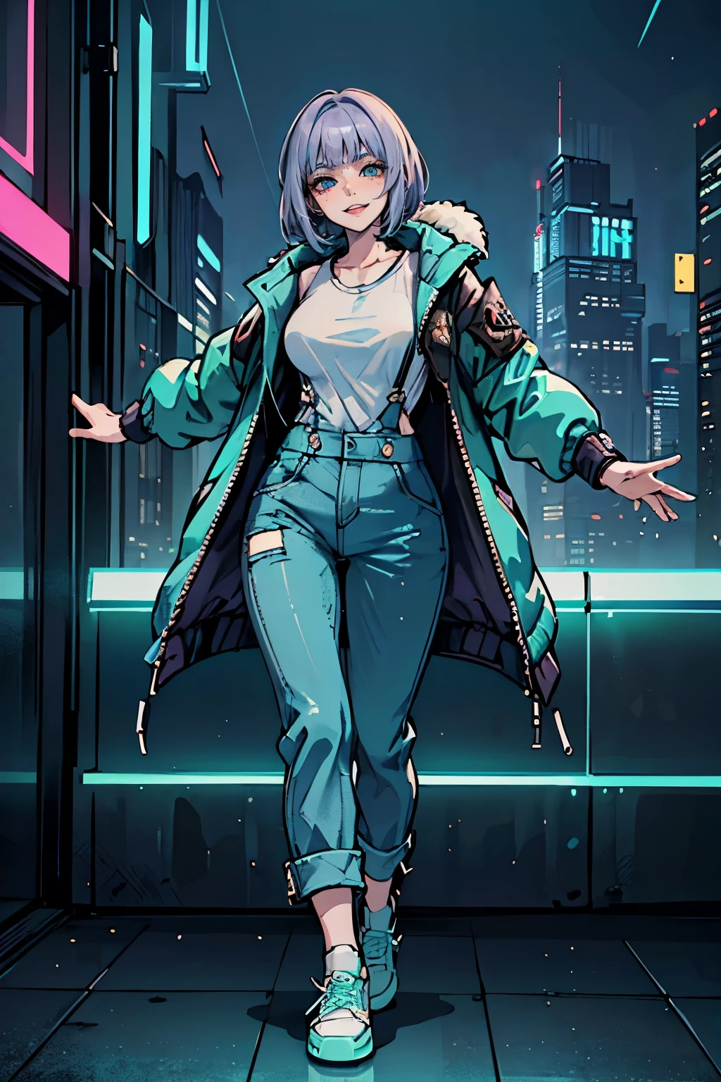 (best quality), (masterpiece), (1beautiful girl:1.1), (light purple hair:1.1),(bob cut hair:1.1), (blunt bangs), (squinting), (evil smile), (dancing:1.3), (vivit mint blue down jacket:1.4),(extra long 袖:1.1), 18 year old, (white t-shirts), (dungaree),mint blue sneaker, futuristic cyberpunk style, (full body:1.1), ((night super futuristic cyberpunk city background))