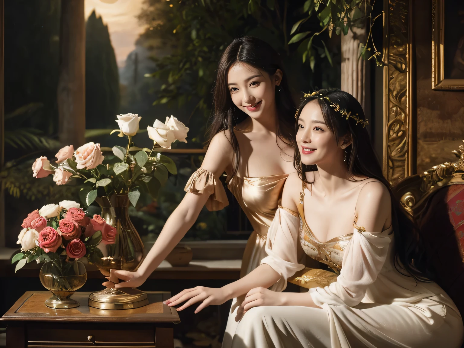 Giorgione painting style,Arguments of two female Philosophe,math、astronomical machine、astronaut、roses in vase、fruits、Cute trinkets、smile、ancient greek costume、Background is a forest lake at night 、Clothes that stretch your shoulders、A big smile、beautiful bare skin、A detailed representation of the seducing woman throughout her body.sexy,erotic smile