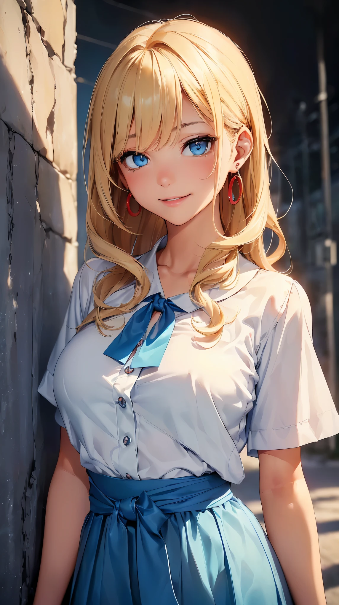 (8k, RAW photo, 最high quality, masterpiece:1.2), High-definition RAW color photo, Professional photo shoot, cinematic light, alone, (((young woman))), (detailed expression), (round eyes), (small face), (high detail skin:1.2), clavicle, cute face, beautiful appearance, long eyelashes, beautiful chest line:1.5, (blonde, wavy hair, Hide one eye with bangs, blue eyes), (red earrings), (slim body shape:1.4, A woman with a slender figure and big breasts), very detailed顔と肌の質感, fine eyes, double eyelid, (((Fun time, smile))), ((facing the front:1.2)), ((photo shootのためポーズをとる, sexy pose)), (In front of a concrete wall:1.5), Joy and excitement, (((blue taffeta volume blouse_Plenty of gathers, white maxi skirt), ((photo shoot, whole body)), Stand in a pose:1.2, beautiful skin, shiny skin, perfect fingers, five fingers, anatomically correct, background bokeh, high quality, surreal, bright colors, ((nikon, 135㎜, f/1.8, very detailed, photo shoot)),