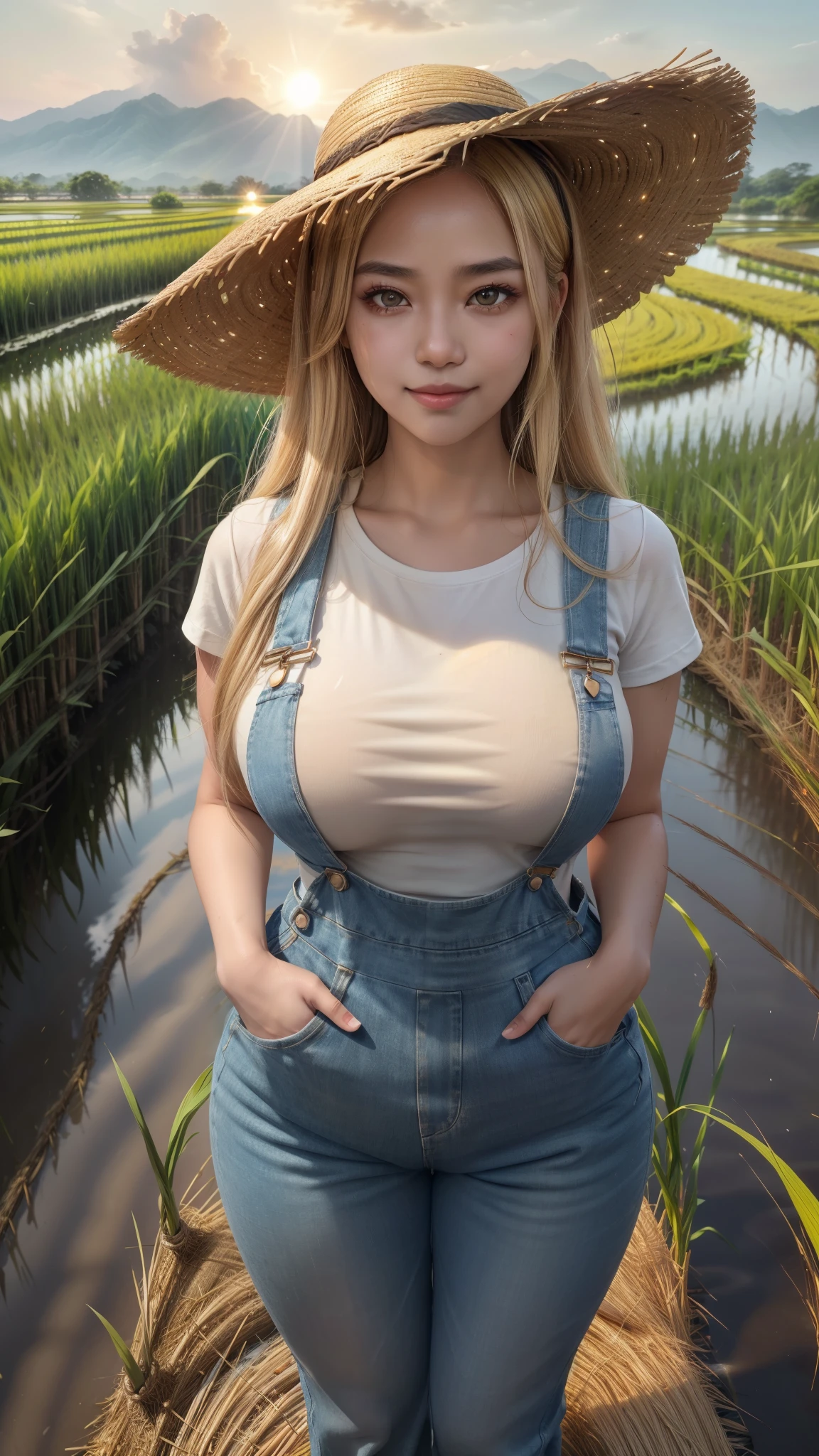 (masterpiece), high details, high quality, expressive eyes, perfect face, gorgeous eyes, A beautiful ebony woman, farmer woman, smiling, (white t-shirt, overalls, straw hat), cinematic lighting, lens flare, aqua eyes, Long eyelashes, eyeliner, (ebony woman), subtle makeup, tanned skin, curvy hourglass body shape, medium breasts, wide hips, (blonde hair, Thick layered medium double-tailed hairstyle, full layered thick hair, full layered hair thick), gradient hair, shiny hair, Extremely detailed realistic clothing, ((twilight, sunset light, cloud, Beautiful rice field and colourful, full of rice paddy, cinematic scene of farmers growing rice in wet land, golden rices, ears of rices, full of rice plants, Surrounded by golden rice plants, The golden ears of rice shine brightly, she's standing in the middle of the rice field, from above)), hands on hips, colorful light, particles, heterochromia, gold color schemes, 