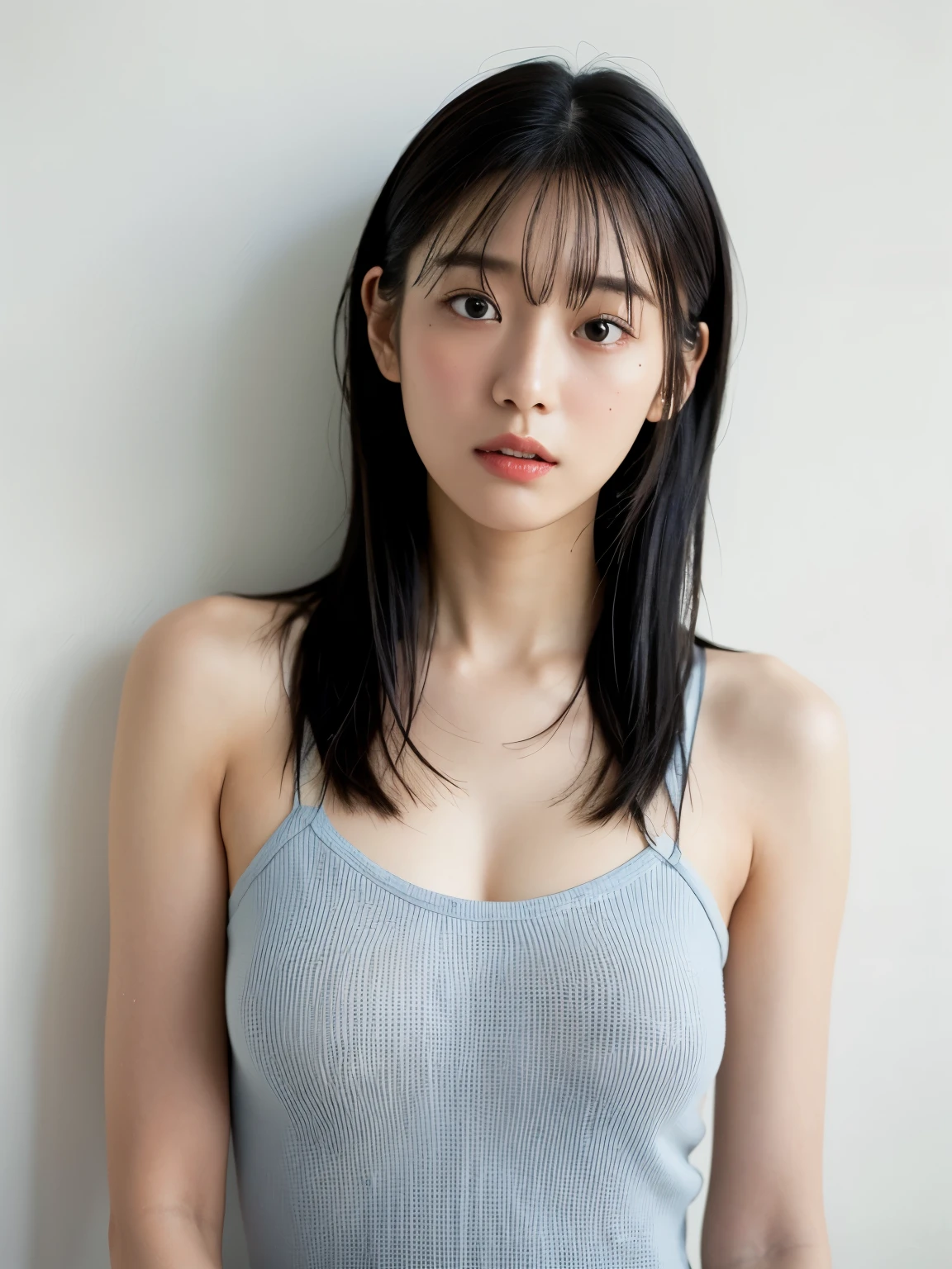 see-through tops、big breasts、camisole、(背景にwhite wall、Part of her hair is sky blue:1.4)、white wall、Taken in front of the white door、(窓のあるwhite wallの部屋)、((highest quality、8k、masterpiece:1.3))、ultra high resolution、(photogenuineistic:1.4)、RAW photo、Japanese,(face)、genuine、Photographed in natural light、Highly detailed face and skin texture、highly detailed lips、correct state of the human body、medium hair、black hair、various poses、natural color lip