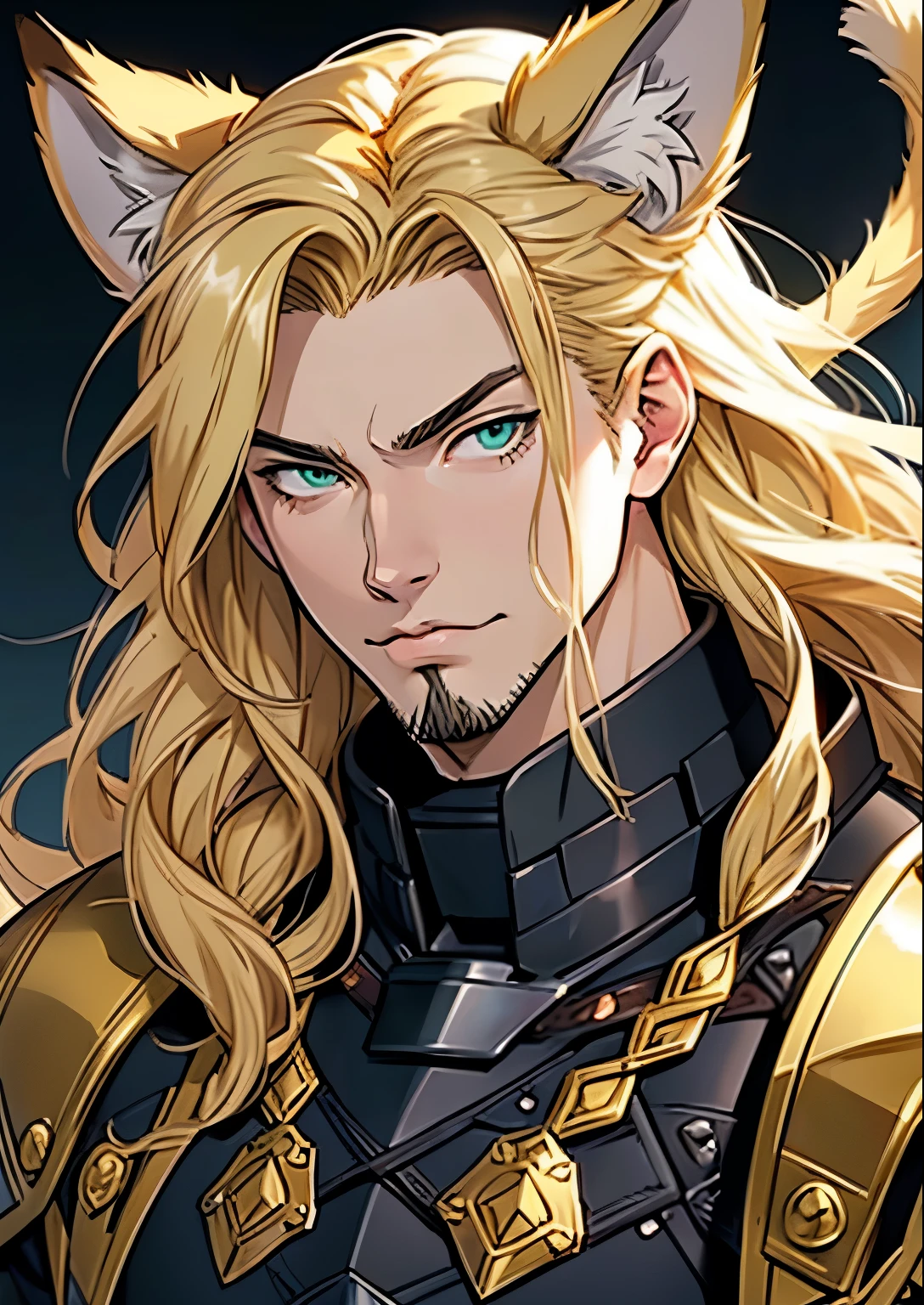 ((Hirohiko Araki style)), One male, lion ears, long hair, blond, blond hair, green eyes, tall, muscular, black fantasy heavy armor, beautiful face, ((highest quality)), ((masterpiece)), 2d, ((anime)), (perfect face), ((highest detail)), feline eyes, short beard, lion tail, wavy hair, ((half body)), intricate details, ((fantasy background)), ((solo)), young adult