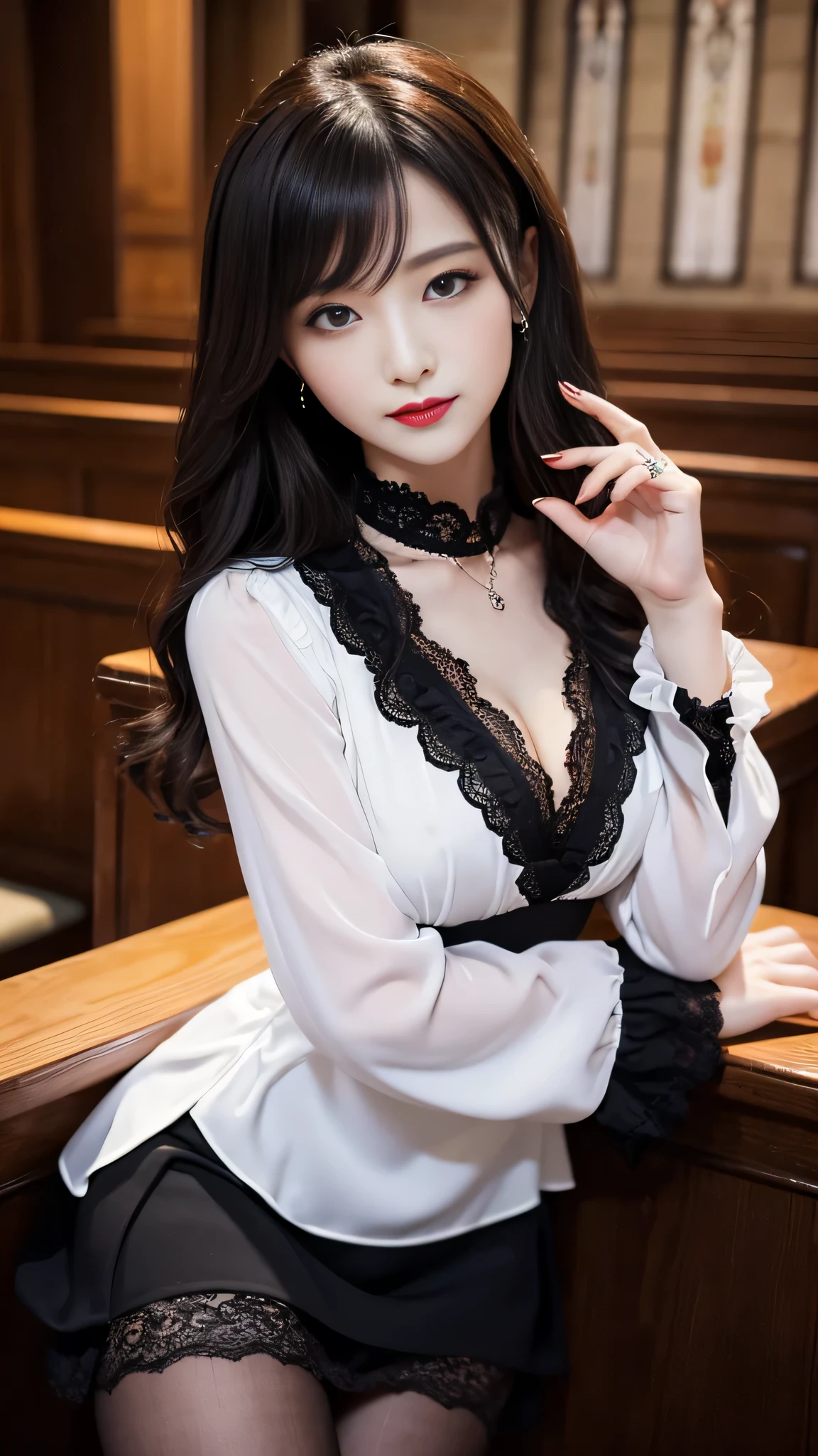 Super detailed、Japanese、charming beauty、seductive adult woman、Beautiful woman、sharp eyes、cool girl、wavy hair、suit、Black chiffon、lace fabric、wide sleeve、wearing a lace insert dress、white blouse、Tight Skirt、Lustrous legs、evilの幹部、evil depravity、brainwashing、Mind control、lipstick、grin、evilな表情、evil、empty eyes、evil、church at night、vampire、evil woman、vampire、lure、meanwhile、look down、put your index finger to your mouth