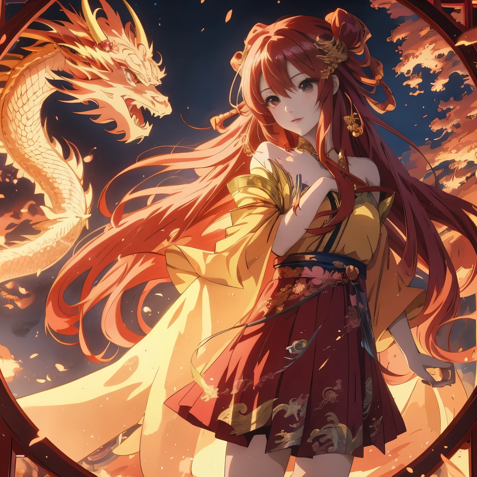 anime long hair girl and a dragon in the background, anime style 4k, anime art wallpaper 8k, anime long hair girl, Beautiful fantasy anime, beautiful anime girl, Anime Art Wallpaper 4k, anime art wallpaper 4k, dragon girl, anime goddess, Anime fantasy artwork, the dragon girl portrait, Anime Fantasy Illustration, 4k anime wallpaper