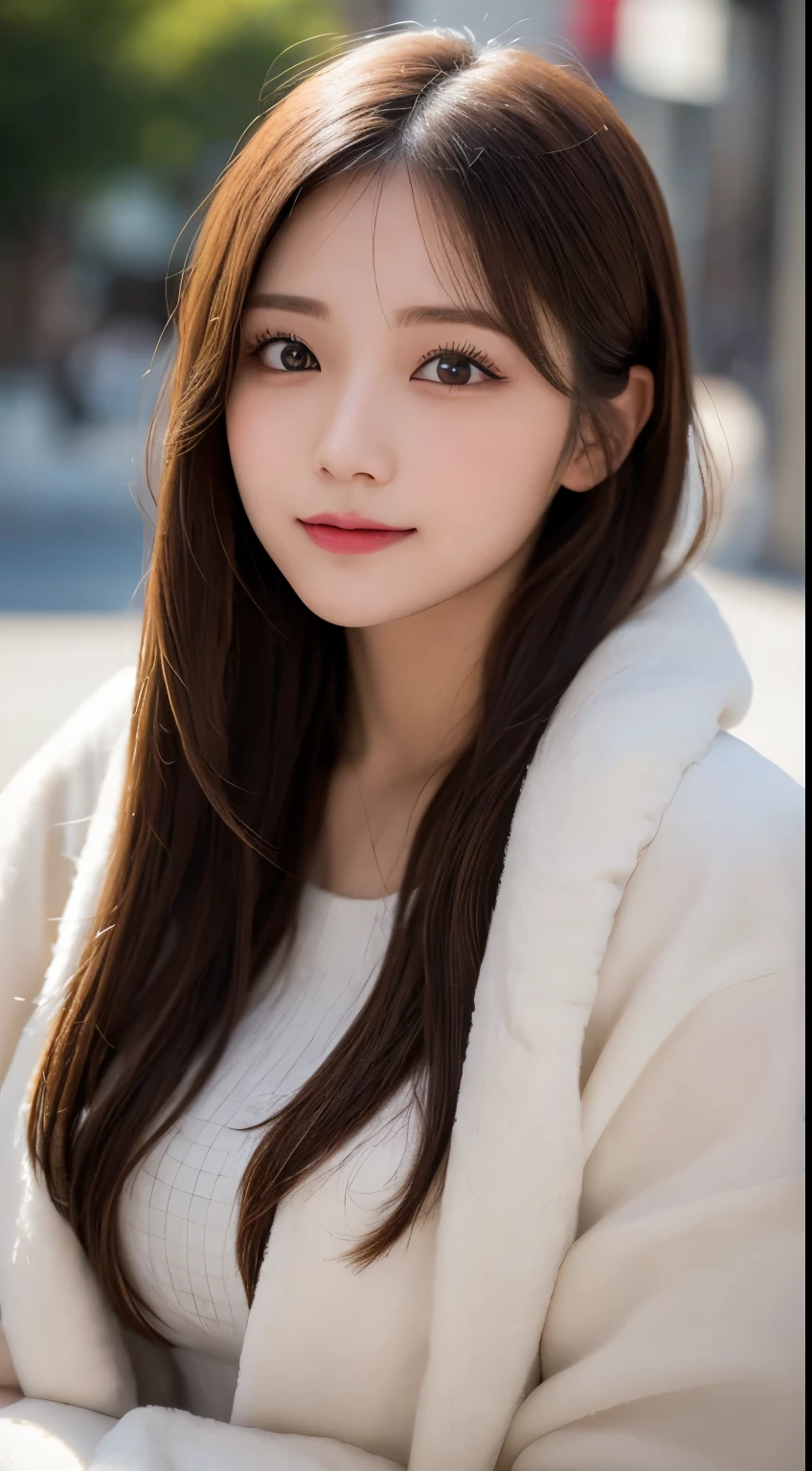 table top, highest quality, shape, Super detailed, finely, High resolution, 8k wallpaper, 完璧なダイナミックな構shape, beautiful and detailed eyes, Gorgeous winter fashion using fur,straight hair,small breasts、natural color lip,20 year old girl、cute、sexy looking at camera,beautiful and detailed face,perfect and beautiful face,KPOP idol face,Japanese idol faces,Elegant face,RAW photo,Big eyes,gal makeup,blur background、Please smile often