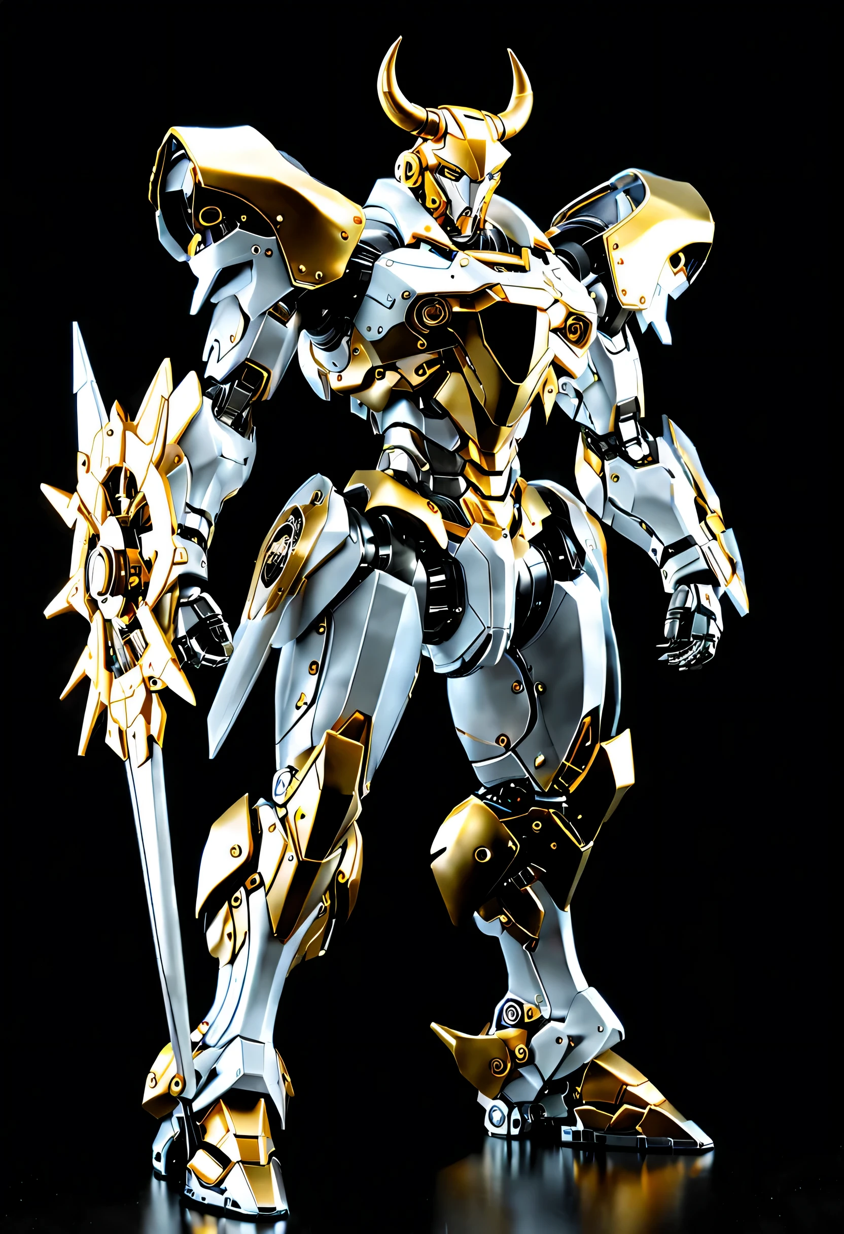 (full-body shot:1.5), (full view:1.5), personification,Pure black background, A platinum bull transparent mecha stands on the ground,Get into a fighting stance,Exquisite white transparent glass mechanical armor, Metal mechanical mask, Precision luminous electronic eye,(The internal structure is complex and precise:1.2), Exquisite and complex golden mecha texture, (gold mechanical thread:1.2), (Well-designed, high detail, masterpiece, best quality, ultra high definition, Sharpen details, ,metallic feel),New Jersey RS