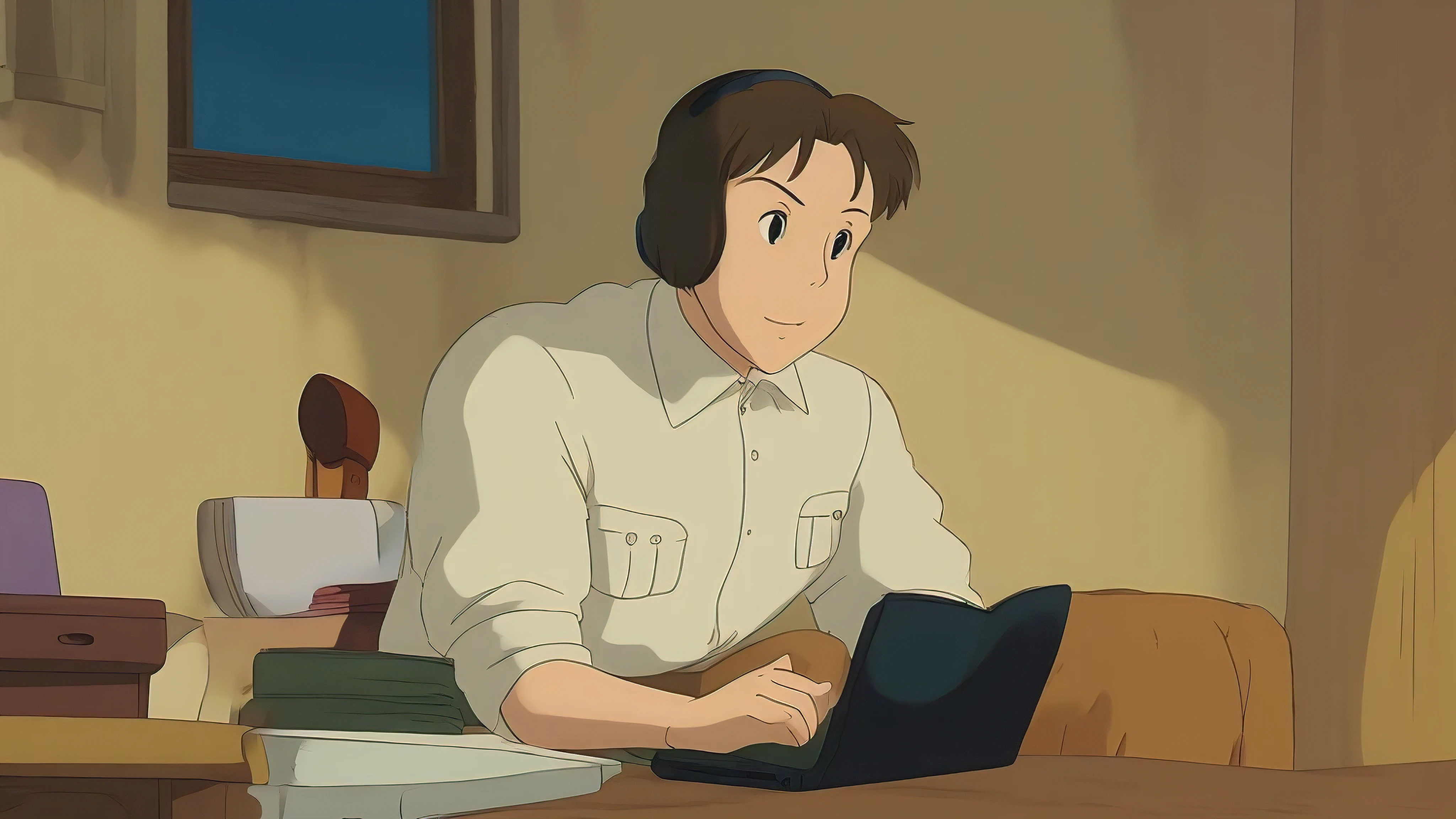 Cartoon character sitting at desk with laptop and headphones, praise girl, praise artstyle, Ghibli Anime Style style, Ghibli Anime Style, praise girl aesthetic, praise art, Chihiro! Fujisaki, praise colors, praise feel, praise, ghibli studio anime style, studio ghibli and shinkai makoto