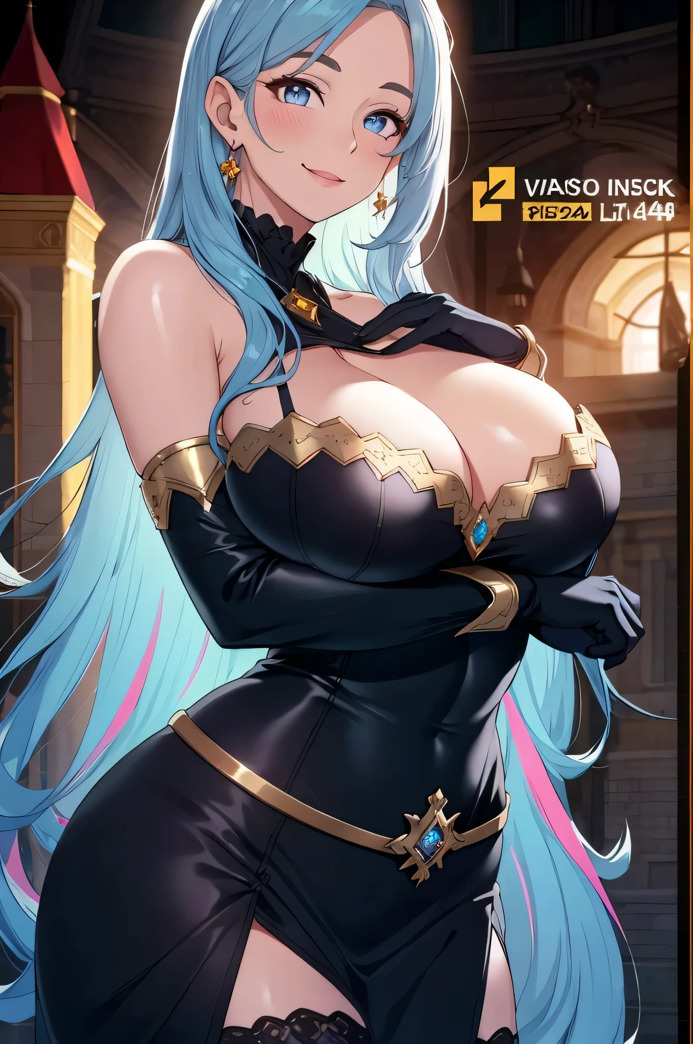 Lian, light blue hair, hair stick, bangs, blue eyes, solo, smiling, standing, upper body, hips, bare shoulders,purple thighhighs, black dress, gold jewelry,armor,gloves,circlet, cleavage, red and gold royal castle, gigantic breasts, (best quality, masterpiece, beautiful and aesthetic:1.2, highest detailed face, perfect face,)  eyes, perfect face,expressive eyes,
looking at viewer, in the center of the image,(Upper_body),(Focus on her face),
official art,extremely detailed CG unity 8k wallpaper, perfect lighting,Colorful, Bright_Front_face_Lighting,shiny skin, 
(masterpiece:1.0),(best_quality:1.0), ultra high res,4K,ultra-detailed
