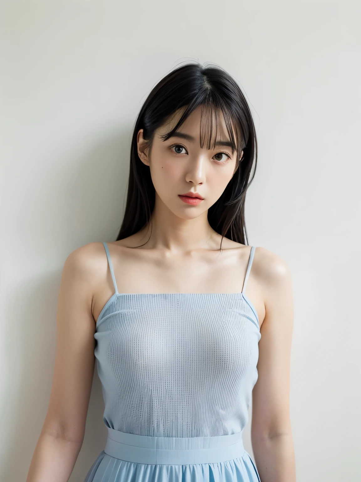 see-through tops、big breasts、camisole、(背景にwhite wall、Part of her hair is sky blue:1.4)、white wall、Taken in front of the white door、(窓のあるwhite wallの部屋)、((highest quality、8k、masterpiece:1.3))、ultra high resolution、(photogenuineistic:1.4)、RAW photo、Japanese,(face)、genuine、Photographed in natural light、Highly detailed face and skin texture、highly detailed lips、correct state of the human body、medium hair、black hair、various poses、natural color lip