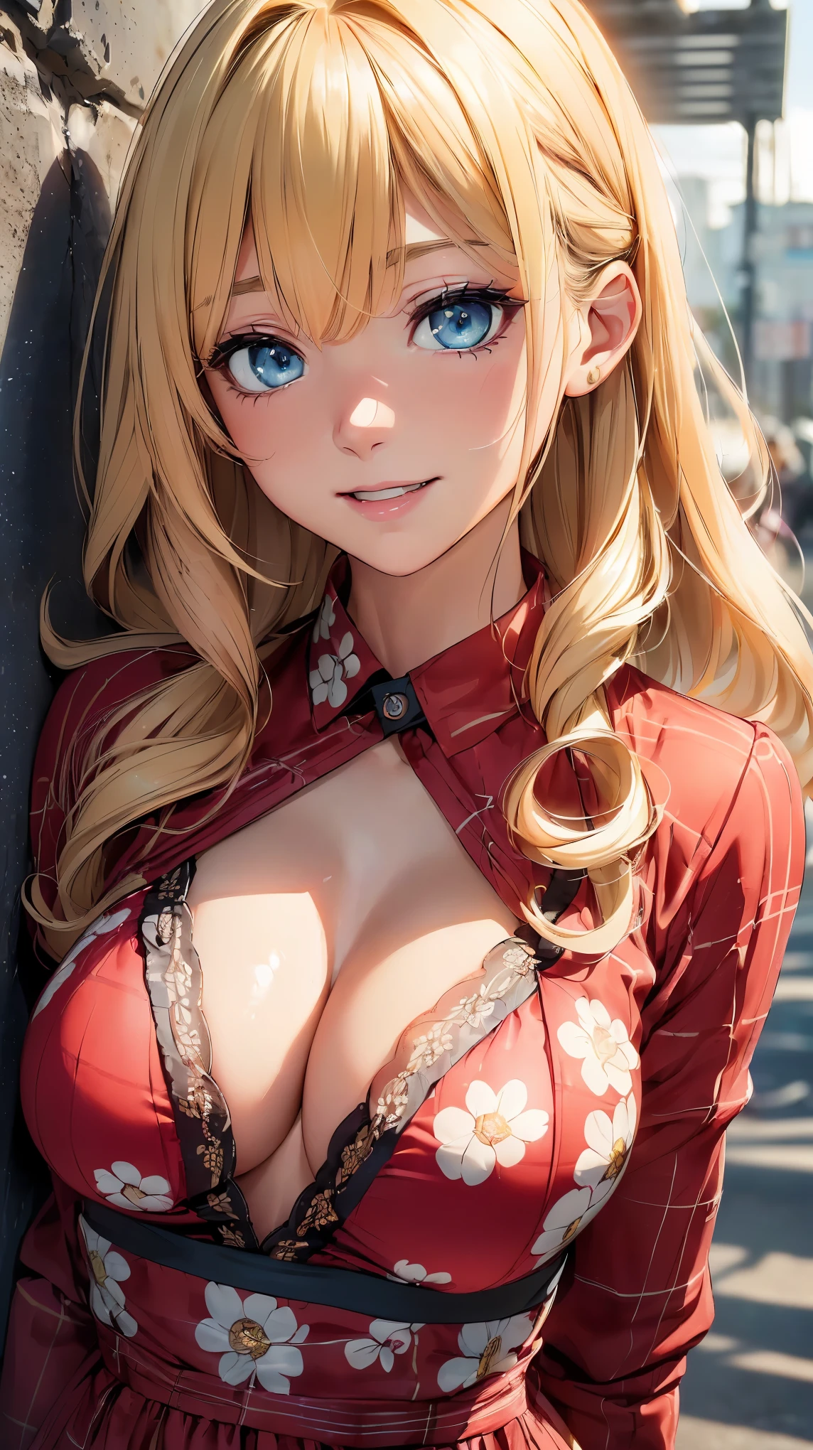 (8k, RAW photo, 最high quality, masterpiece:1.2), High-definition RAW color photo, Professional photo shoot, cinematic light, alone, (((young woman))), (detailed expression), (round eyes), (small face), (high detail skin:1.2), clavicle, cute face, beautiful appearance, long eyelashes, beautiful chest line:1.5, (blonde, wavy hair, Hide one eye with bangs, blue eyes), (redいピアス), (slim body shape:1.4, A woman with a slender figure and big breasts), very detailed顔と肌の質感, fine eyes, double eyelid, (((Fun time, smile))), ((facing the front:1.2)), ((photo shootのためポーズをとる, sexy pose)), (In front of a concrete wall:1.5), Joy and excitement, (((Plaid&Flower print patchwork dress, red+black), ((photo shoot, whole body)), Stand in a pose:1.2, beautiful skin, shiny skin, perfect fingers, five fingers, anatomically correct, background bokeh, high quality, surreal, bright colors, ((nikon, 135㎜, f/1.8, very detailed, photo shoot)),