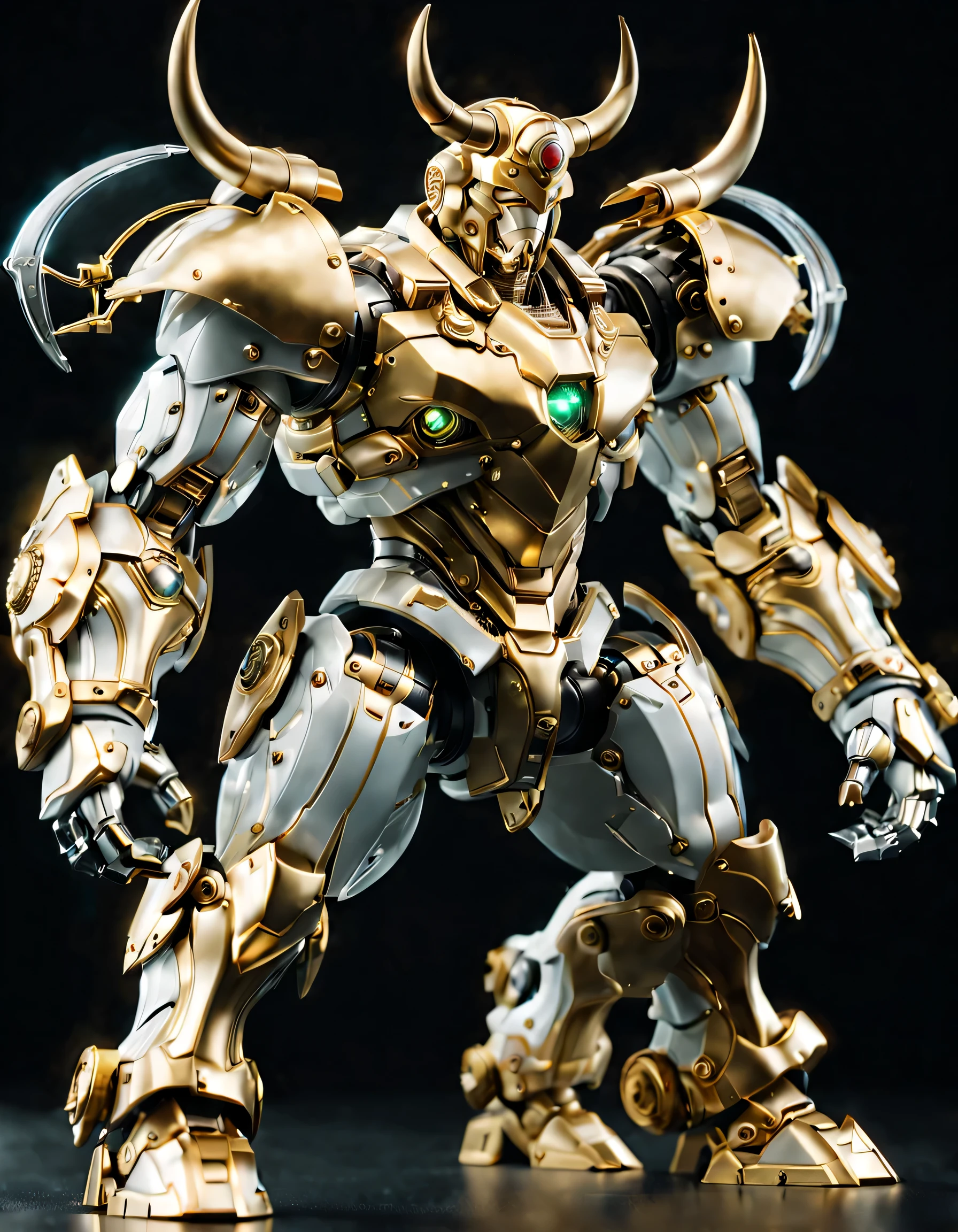 (full-body shot:1.5), (full view:1.5), personification,Pure black background, A platinum bull transparent mecha stands on the ground，Get into a fighting stance,Exquisite white transparent glass mechanical armor, Metal mechanical mask, Precision luminous electronic eye,(The internal structure is complex and precise:1.2), Exquisite and complex golden mecha texture, (gold mechanical thread:1.2), (Well-designed, high detail, masterpiece, best quality, ultra high definition, Sharpen details, ,metallic feel),New Jersey RS