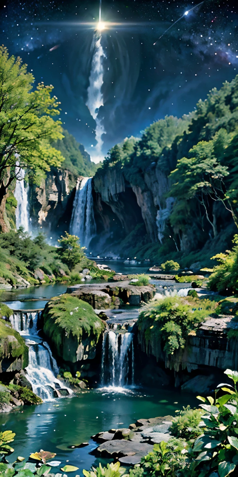 hyperreal 8k, super detailed, (Top quality digital illustration outer space earth masterpiece), ((No Man)) (beautiful earth illustration), (Vibrant green nature and vegetation), (flowering plant), ((waterfall)), (bright star), (hyper detail, dynamic camera), (wide angle), (celestial illumination), (Vibrant colors and saturation), (Trending at Art Station,