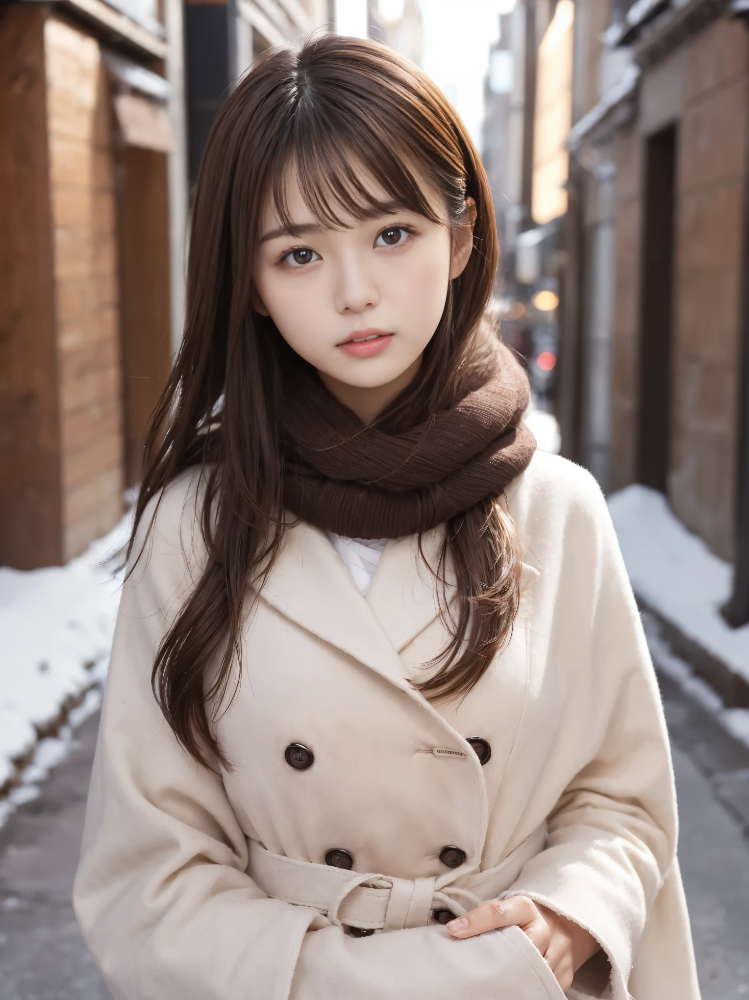 (best image quality、8k、masterpiece：1.3))、Realistic high quality photos、highest quality、pretty girl～well-groomed face、25 year old beautiful Japan woman、slim model photos、big breasted model、若いjapanese girl、young and cute face、japanese girl、25 year old female model、beautiful model girl、The innocent look of the girl next door、nice delicate face、brown hair、beautiful brown eyes、tear bag、drooling eyes、young body、coat, scarf, gloves, winter