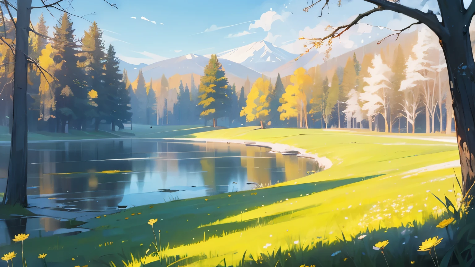 forest landscape with a lake in the middle, Seasons, Glade with dandelions!!, ((On the right there is a spacious beach)), (winter on the left), (summer on the right), ((smooth transition from winter to summer)), summer on the right, winter on the left, double landscape, (((ice with cracks on the lake))), Detailed lake, Scene, Summer landscape, Small lake, (meadow with dandelions in the foreground on the right)