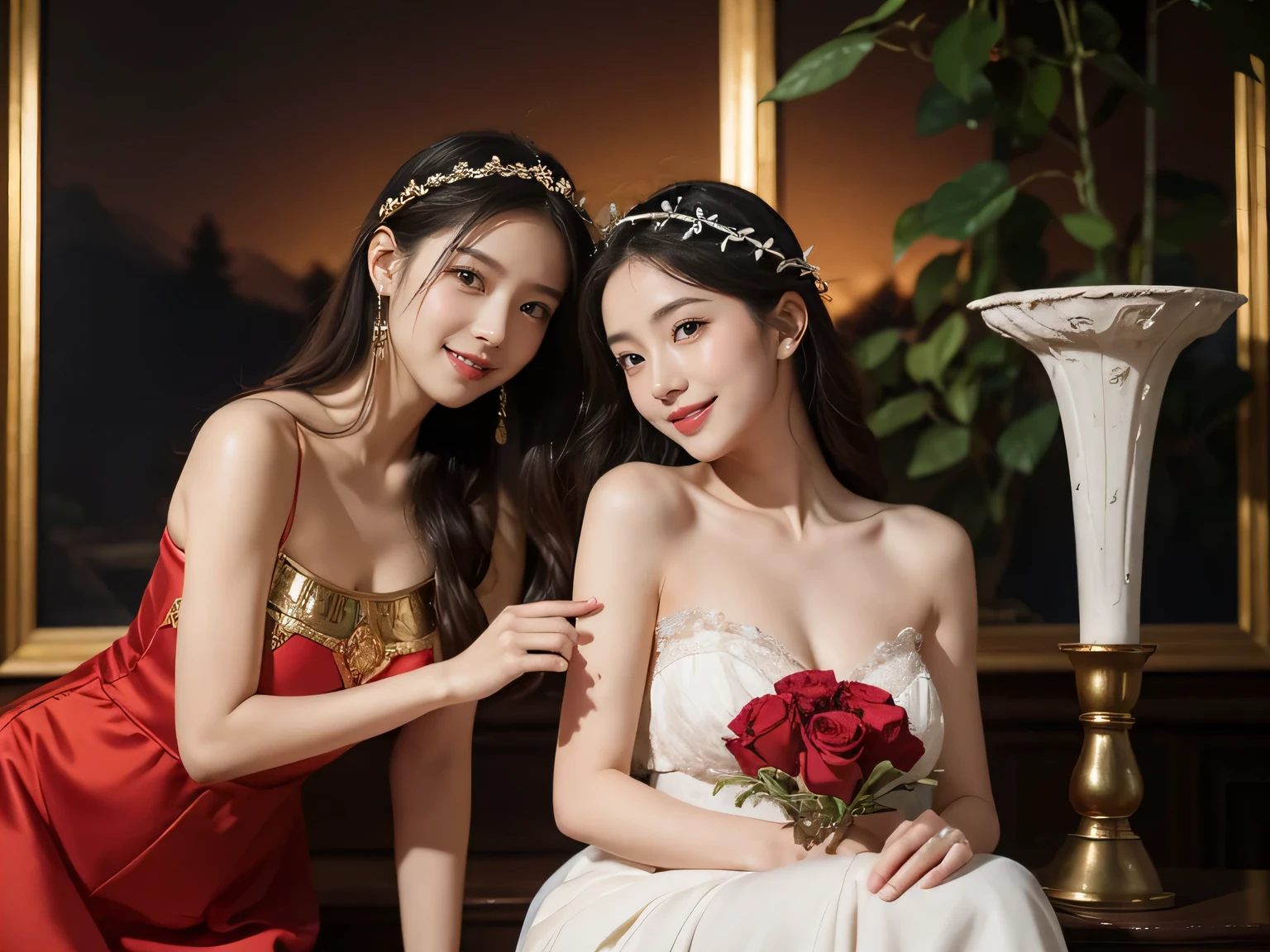 iorgione painting style,Arguments of two female Philosophe,math、astronomical machine、astronaut、roses in vase、fruits、Cute trinkets、smile、ancient greek costume、Background is a forest lake at night 、Clothes that stretch your shoulders、A big smile、beautiful bare skin、A detailed representation of the seducing woman throughout her body.