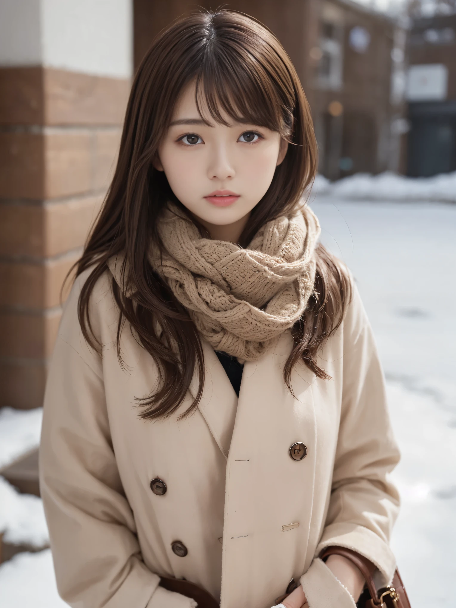 (best image quality、8k、masterpiece:1.3))、Realistic high quality photos、highest quality、pretty girl~well-groomed face、25 year old beautiful Japan woman、slim model photos、big breasted model、若いjapanese girl、young and cute face、japanese girl、25 year old female model、beautiful model girl、The innocent look of the girl next door、nice delicate face、brown hair、beautiful brown eyes、tear bag、drooling eyes、young body、coat, scarf, gloves, winter