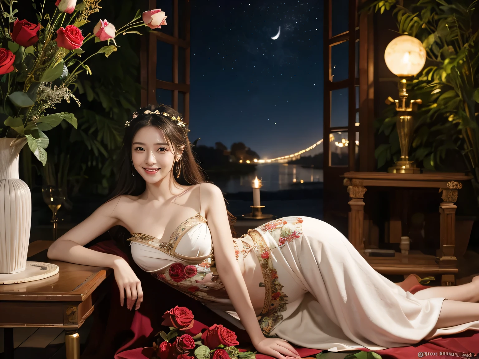 iorgione painting style,Arguments of two female Philosophe,math、astronomical machine、astronaut、roses in vase、fruits、Cute trinkets、smile、ancient greek costume、Background is a forest lake at night 、Clothes that stretch your shoulders、A big smile、beautiful bare skin、A detailed representation of the seducing woman throughout her body.
