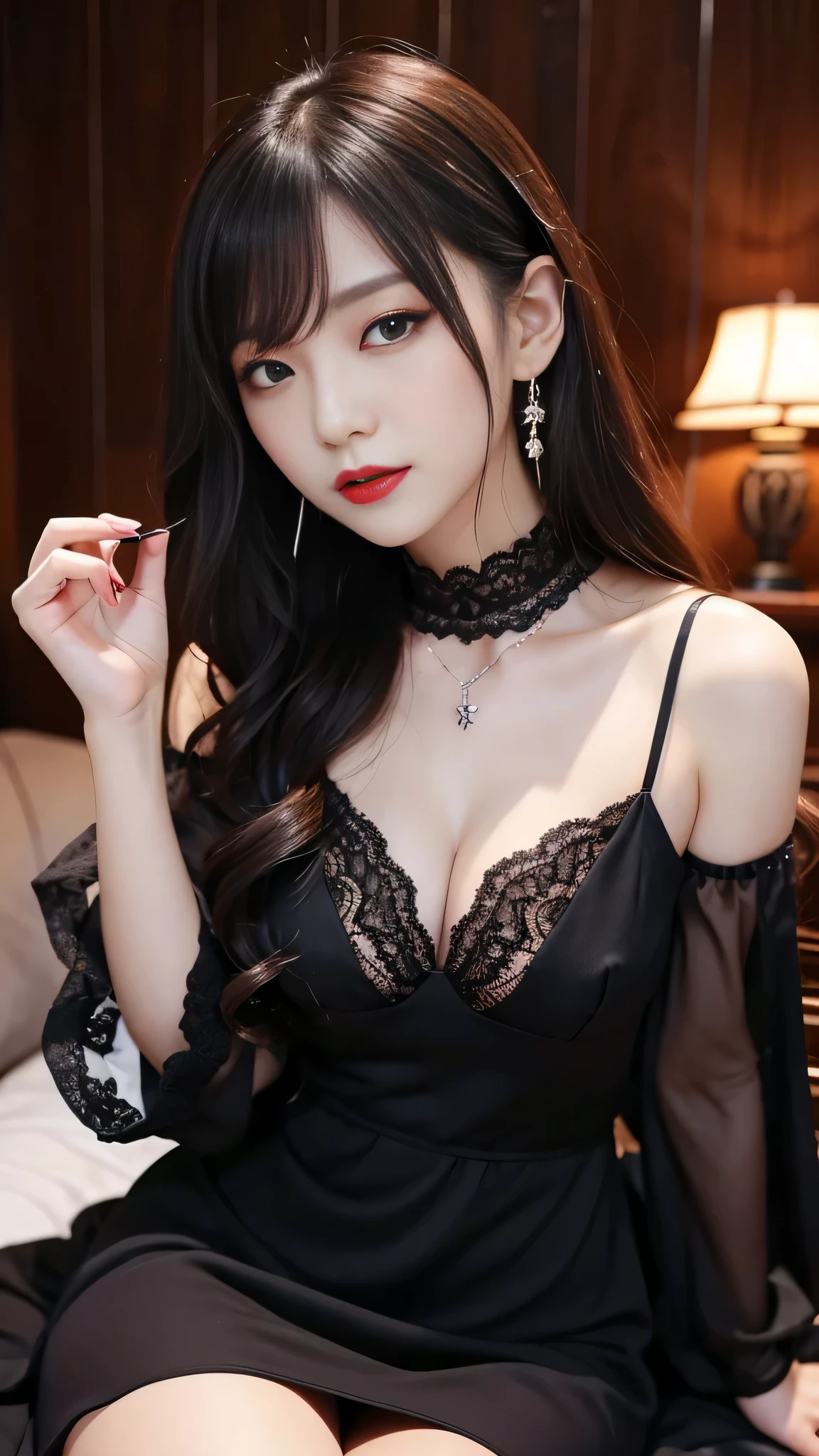 Super detailed、Japanese、charming beauty、seductive adult woman、Beautiful woman、sharp eyes、cool girl、wavy hair、suit、Black chiffon、lace fabric、wide sleeve、wearing a lace insert dress、white blouse、Tight Skirt、Lustrous legs、evilの幹部、evil depravity、brainwashing、Mind control、lipstick、grin、evilな表情、evil、empty eyes、evil、church at night、vampire、evil woman、vampire、lure、meanwhile、look down、put your index finger to your mouth