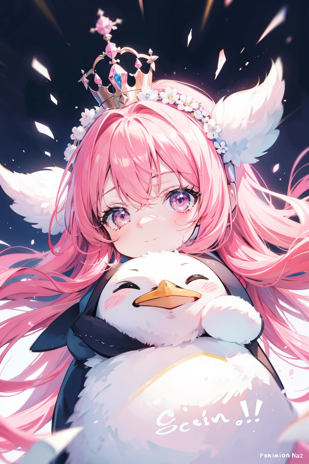 Adorable cute baby penguin, clad in a pink crown, basking in the soft light, holding a tag with the name "SCYLLA" written in clear text. This charming animation comes to life in stunning 4K resolution, bringing out every detail of the fluffy penguin's features and the vibrant pink color of its regal attire.