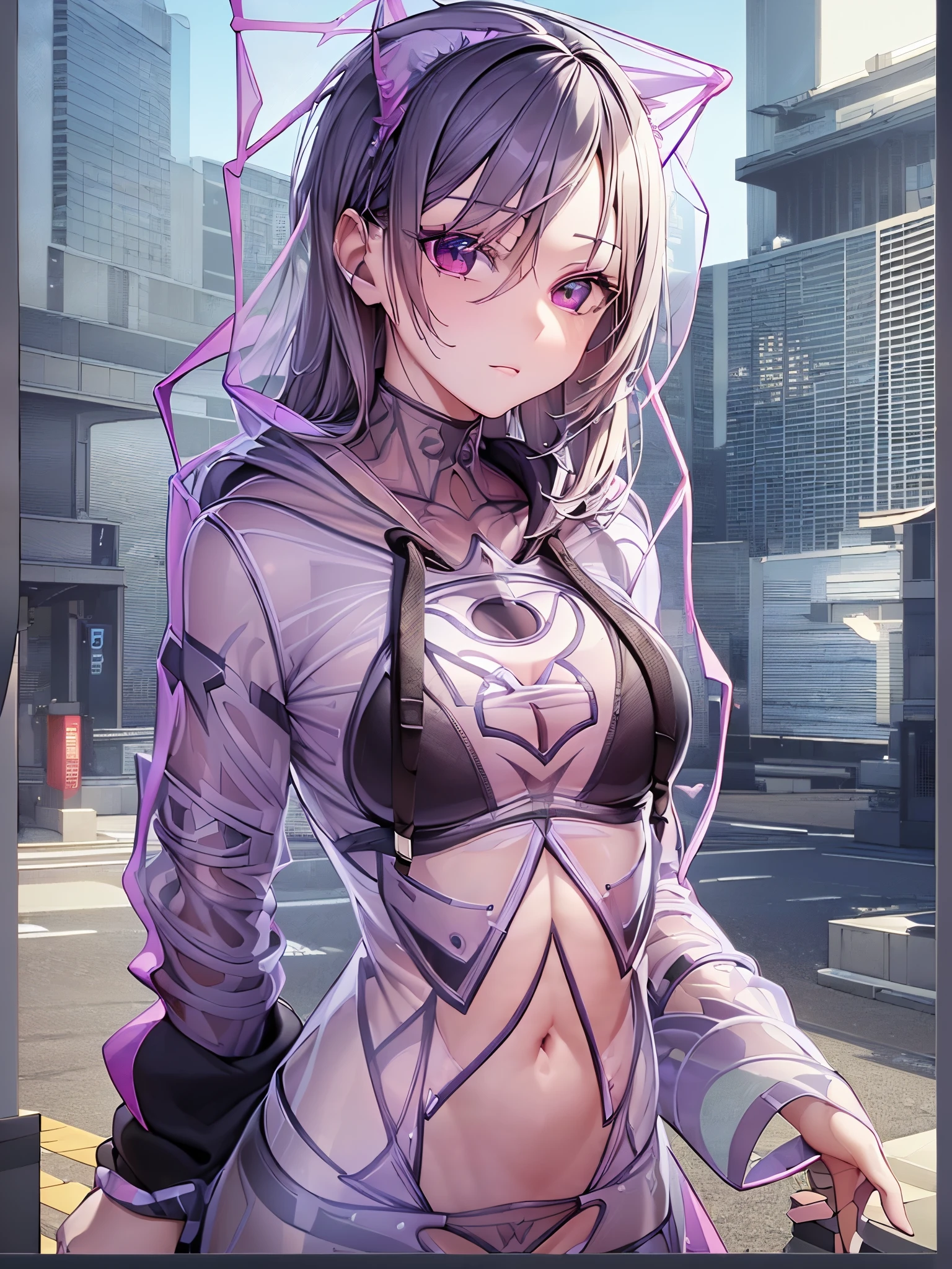 ((highest quality)),(ultra high resolution),(Super detailed),(detailed description),((best CG)),(best work of art),super precision art,amazing drawing art,(Fashion art with precise details:1.5), ((((transparent torso:1.8)))),((colorful open hoodie:1.5)),(sports bra:1.5),