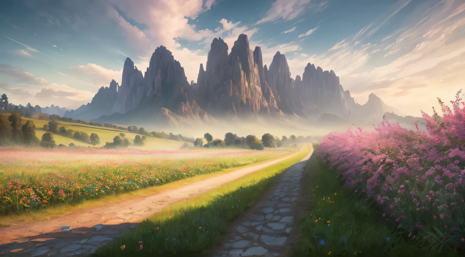 Analog style,ChromaV5,nvinkpunk,(extremely detailed CG unity 8k wallpaper),An image of a majestic mountain range with muted color tones, details of the rocky terrain and the subdued hues of the landscape, misty atmosphere and the subtle variations in color that give the scene depth and dimension ,award winning photography, Chromatic Aberration, Detailed , HDR, Bloom, style by Monet, Pissarro, and Sisley ,trending on ArtStation, trending on CGSociety, art by midjourney