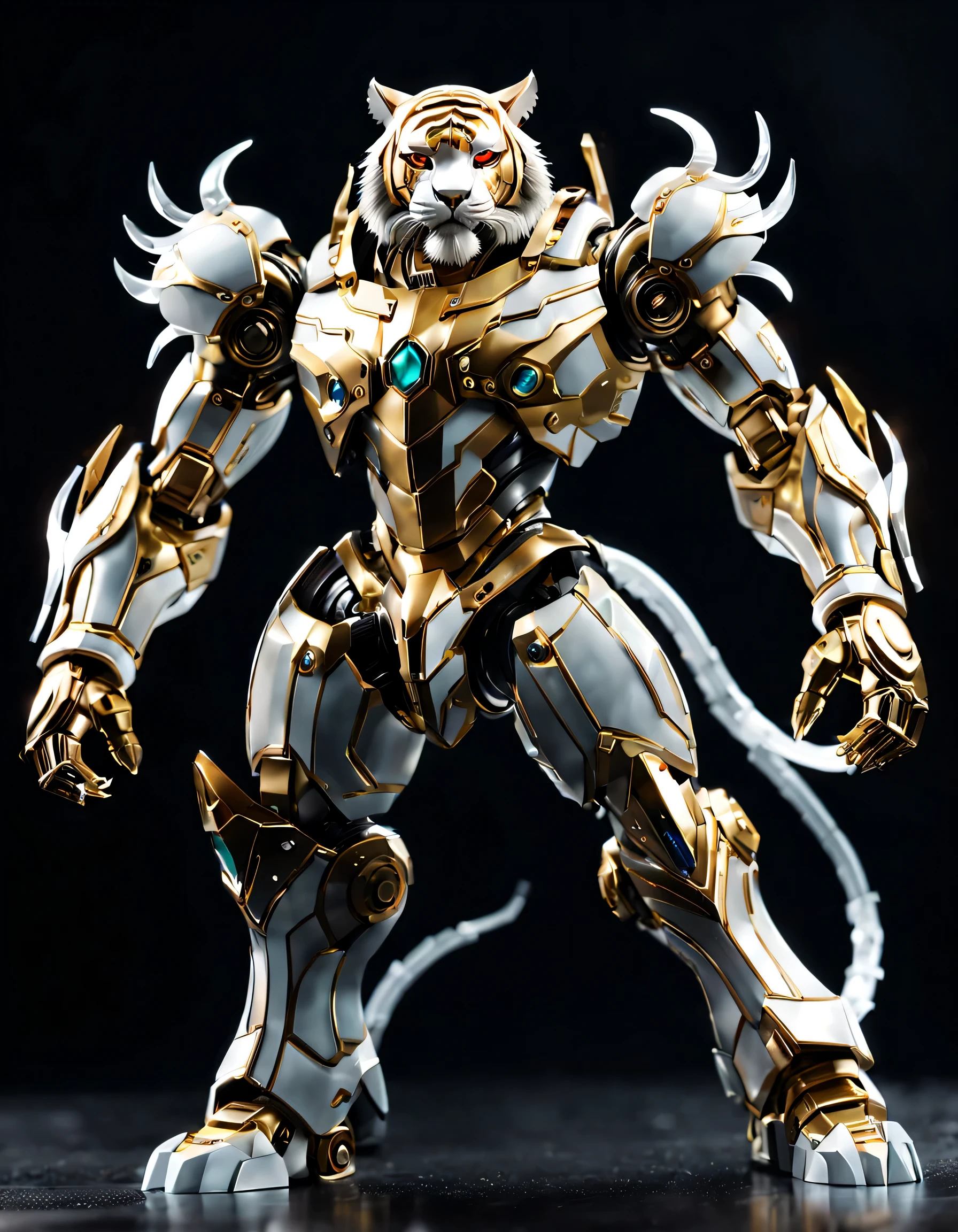 (full-body shot:1.5), (full view:1.5), personification,Pure black background, A platinum tiger transparent mecha stands on the ground in a fighting posture,Exquisite white transparent glass mechanical armor, Metal mechanical mask, Precision luminous electronic eye,(The internal structure is complex and precise:1.2), Exquisite and complex golden mecha texture, (gold mechanical thread:1.2), (Well-designed, high detail, masterpiece, best quality, ultra high definition, Sharpen details, ,metallic feel),New Jersey RS